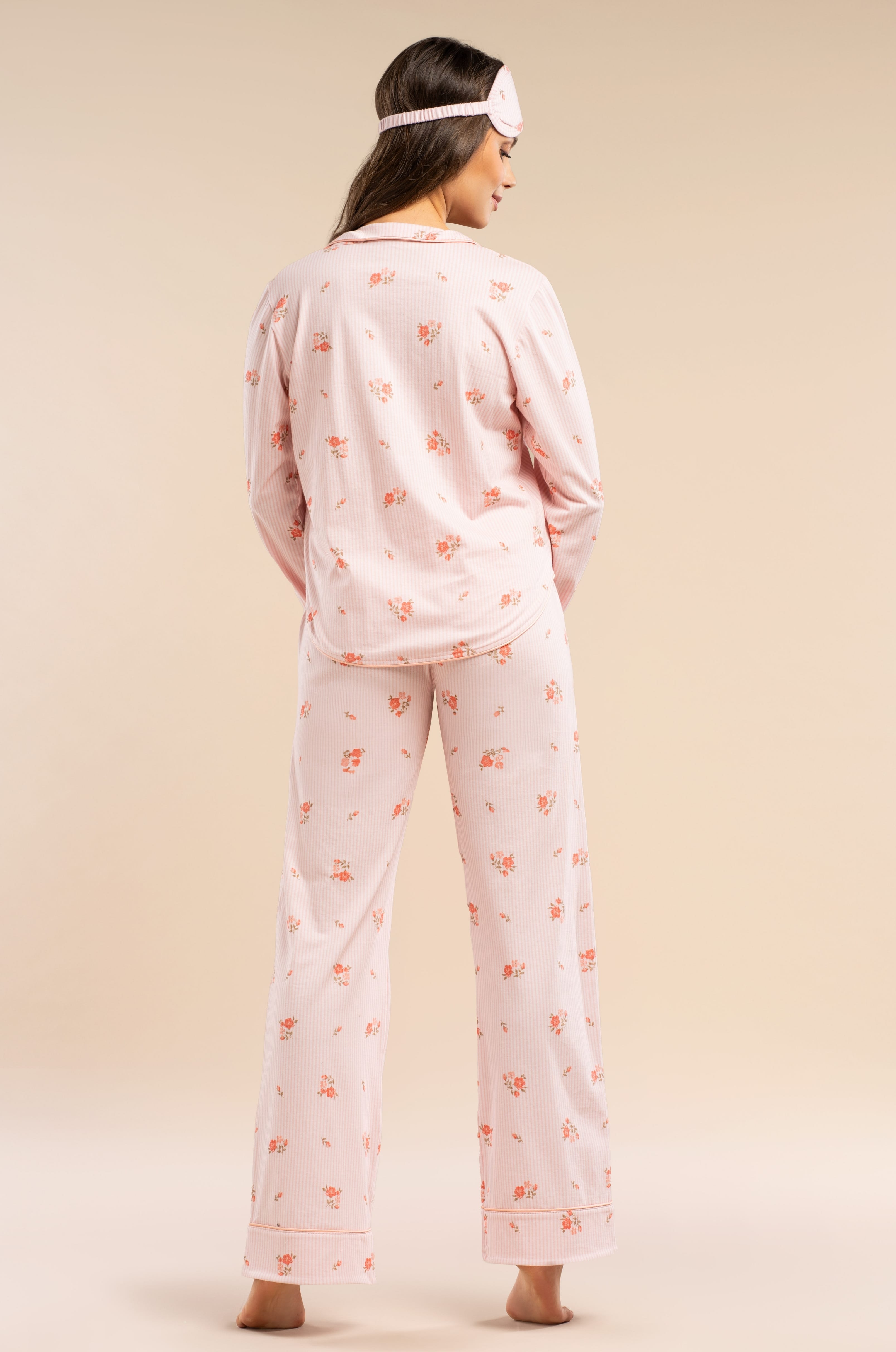 Damen Pyjama 2-teilig, 100% Baumwolle | Rosa Nadelstreifen & Blumenprint, Knopfleiste, lange Hose mit Taschen
