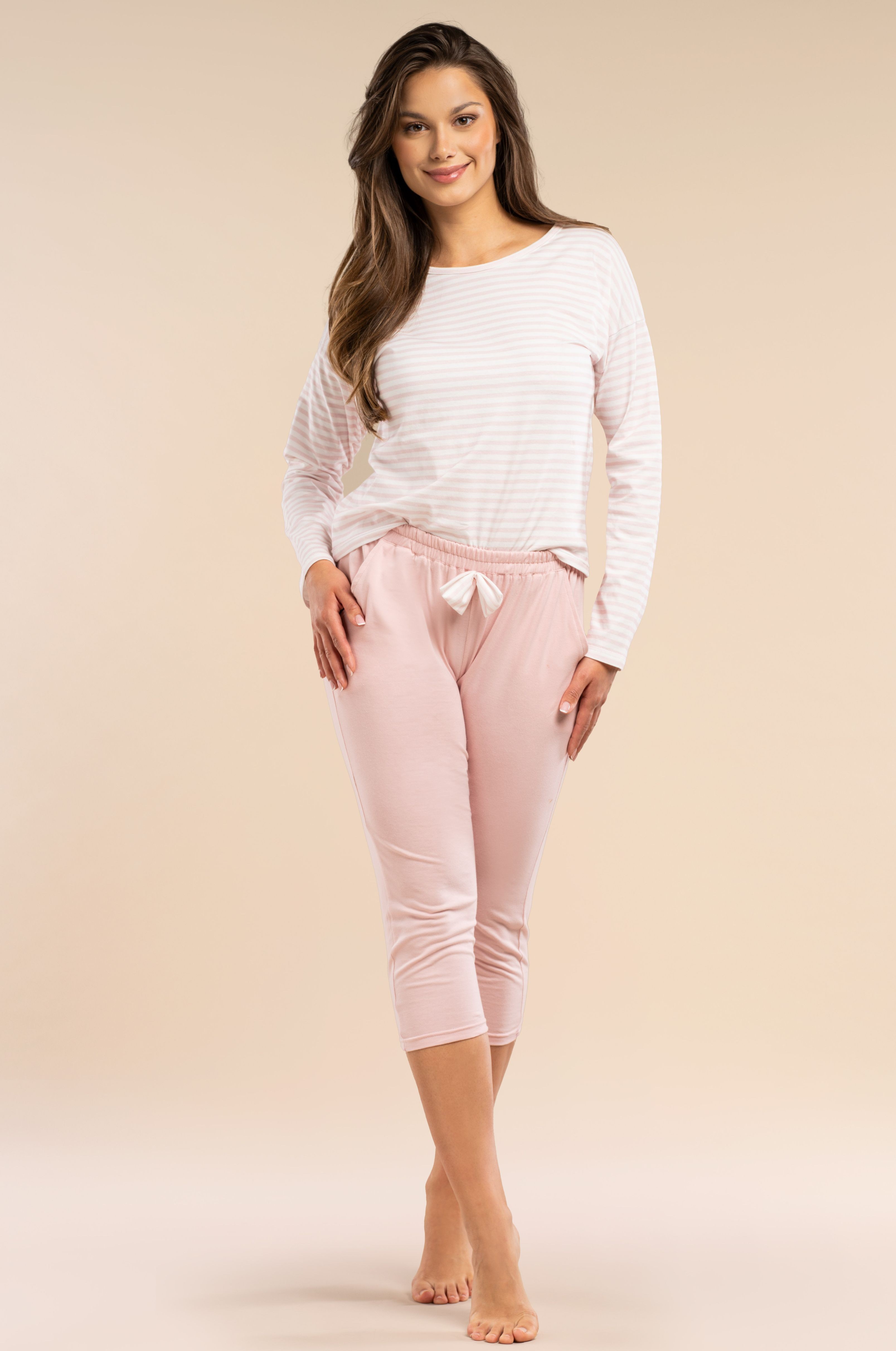 Damen Capri-Pyjama mit Rosa Streifen | 100 % Baumwolle, 3/4-Hose & Taschen
