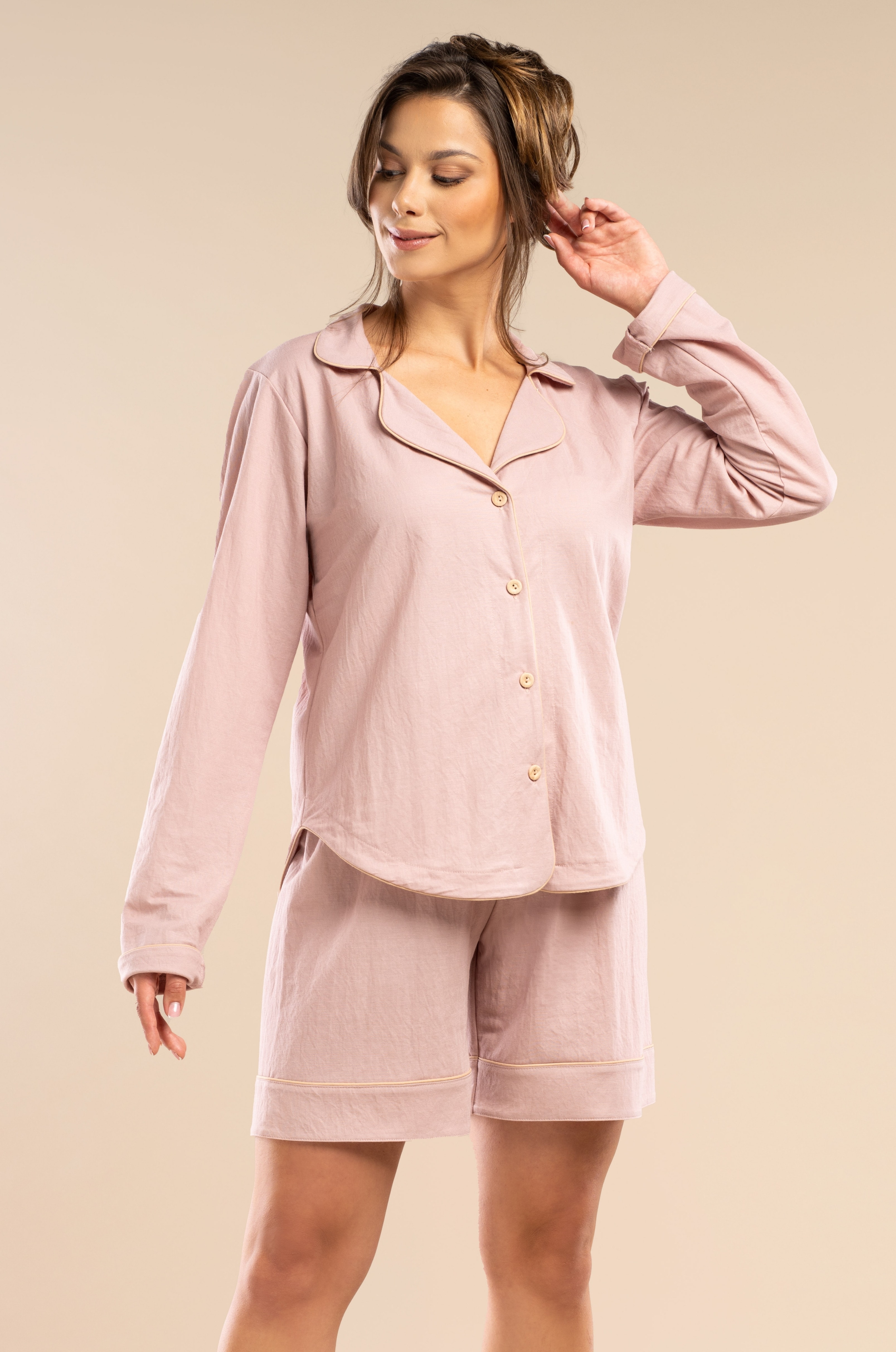 Shorty-Pyjama in Altrosa | Hemdblusen-Set, Rayon/EcoVero™-Mix, Paspel & Holzknöpfe