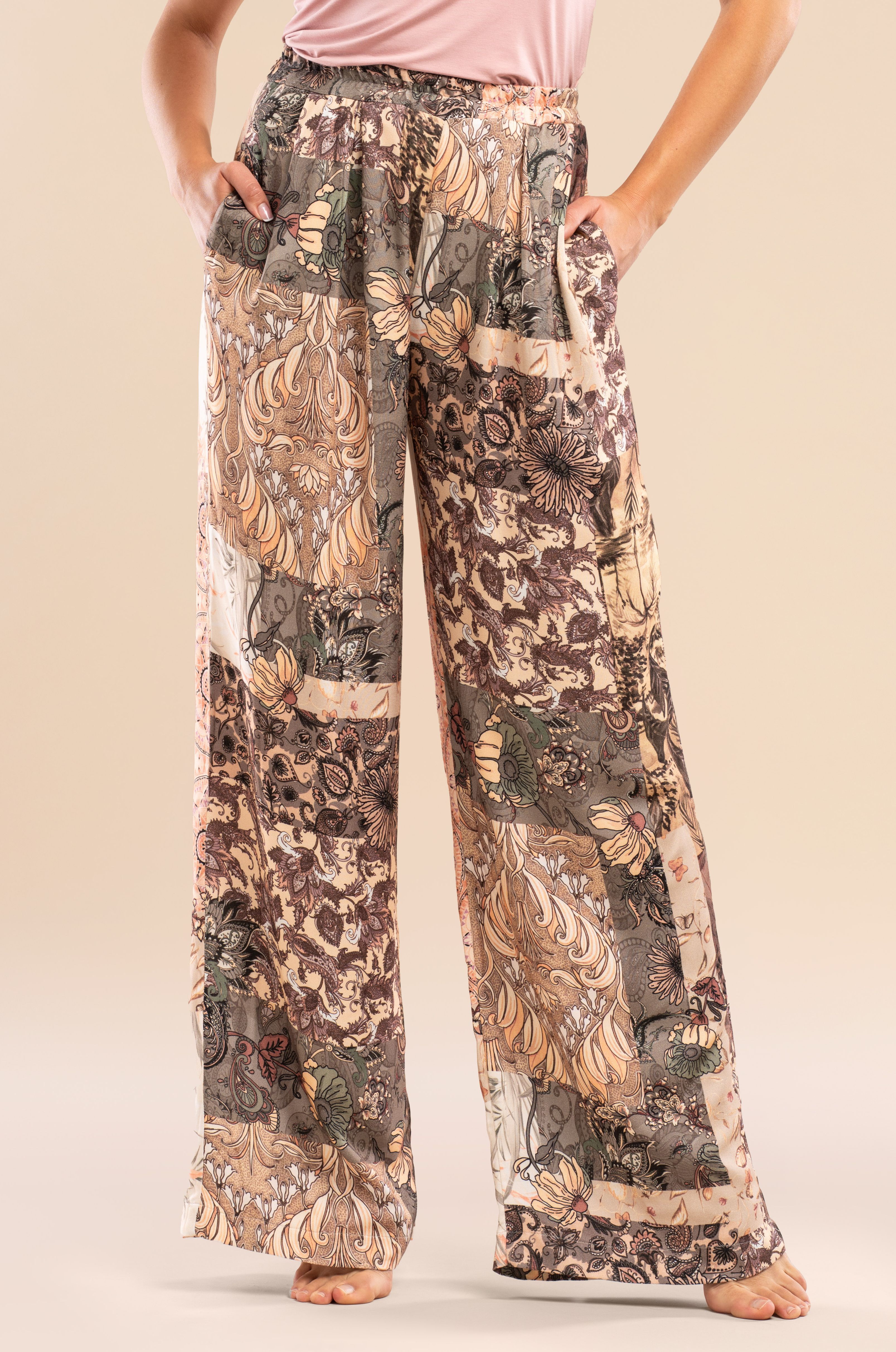 Damen Satin-Pyjama-Hose – Bohemian Patchwork Design mit weitem Bein & elastischem Bund