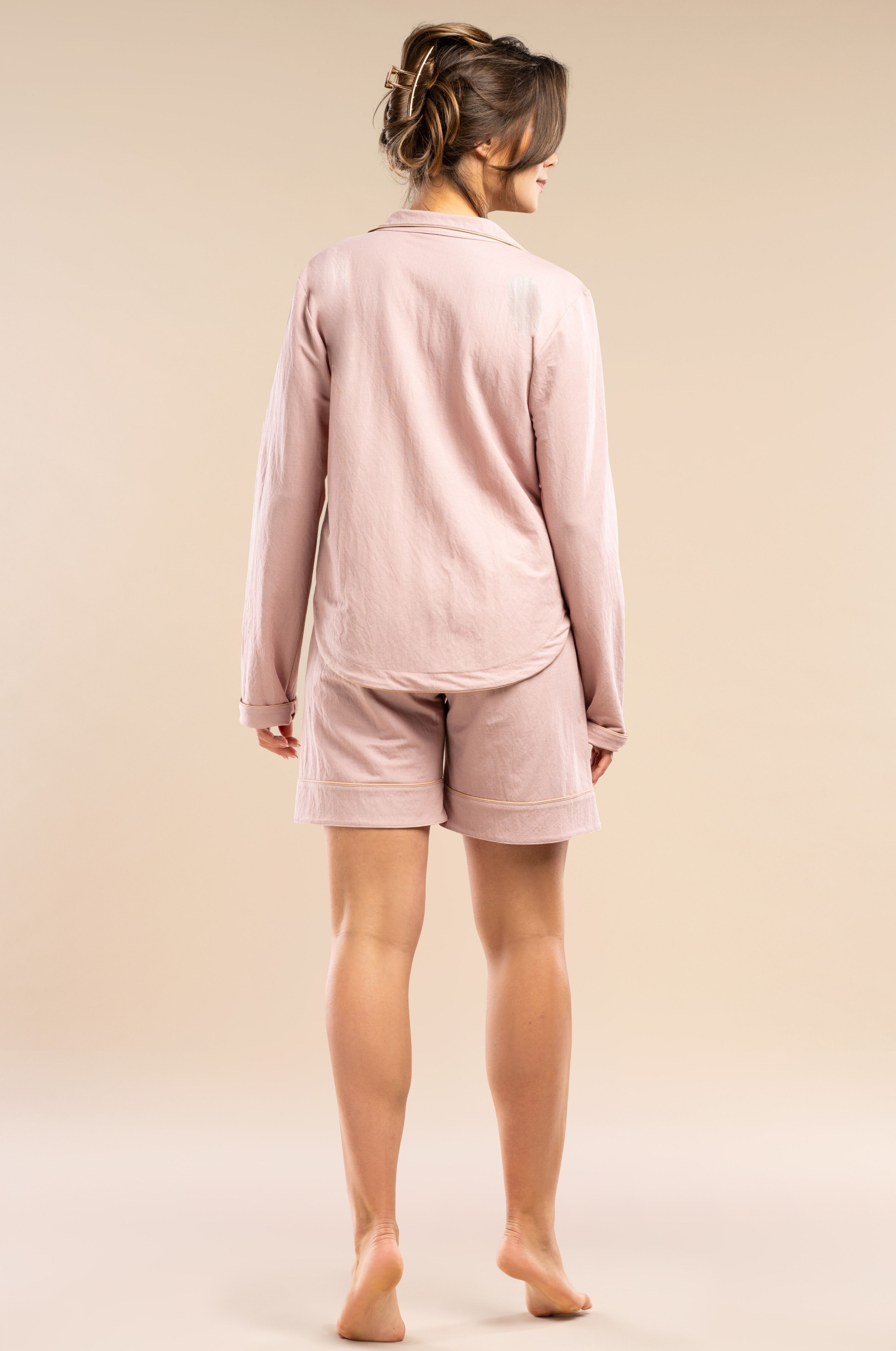 Shorty-Pyjama in Altrosa | Hemdblusen-Set, Rayon/EcoVero™-Mix, Paspel & Holzknöpfe