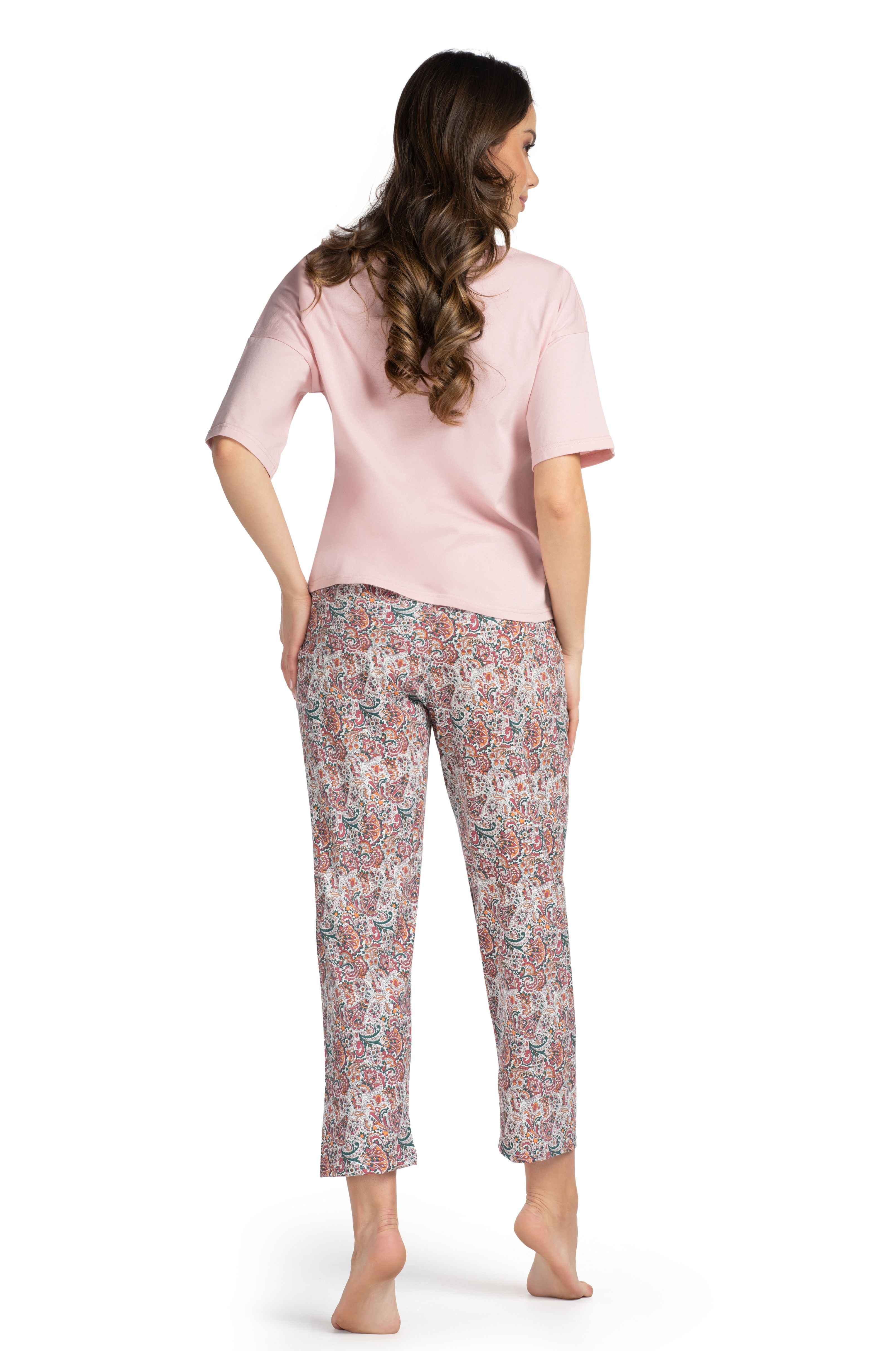 Damen Schlafanzug kurzarm | Baumwoll-Pyjama mit rosa Shirt & Paisley-Hose