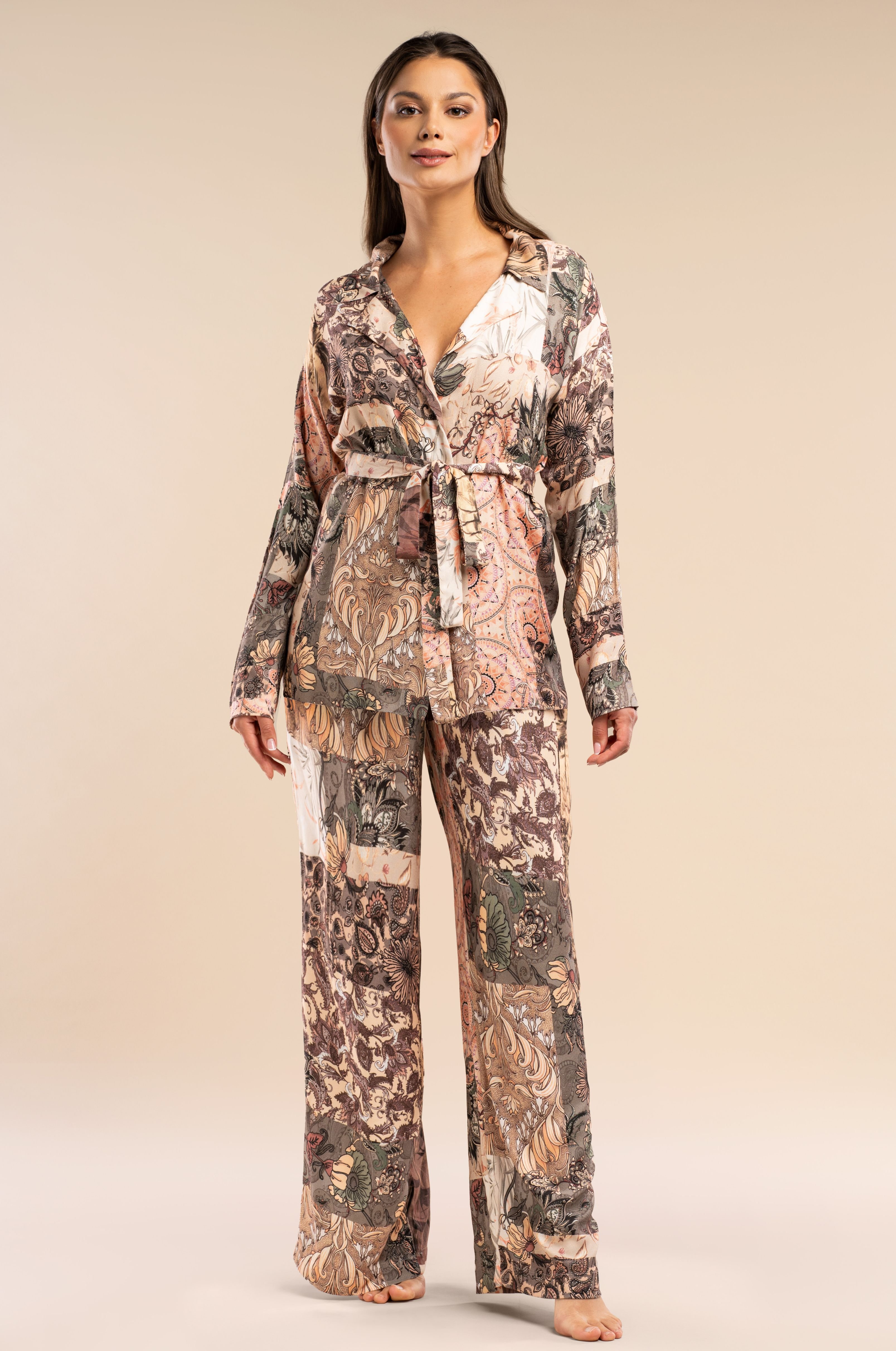 Damen Satin-Pyjama-Hose – Bohemian Patchwork Design mit weitem Bein & elastischem Bund