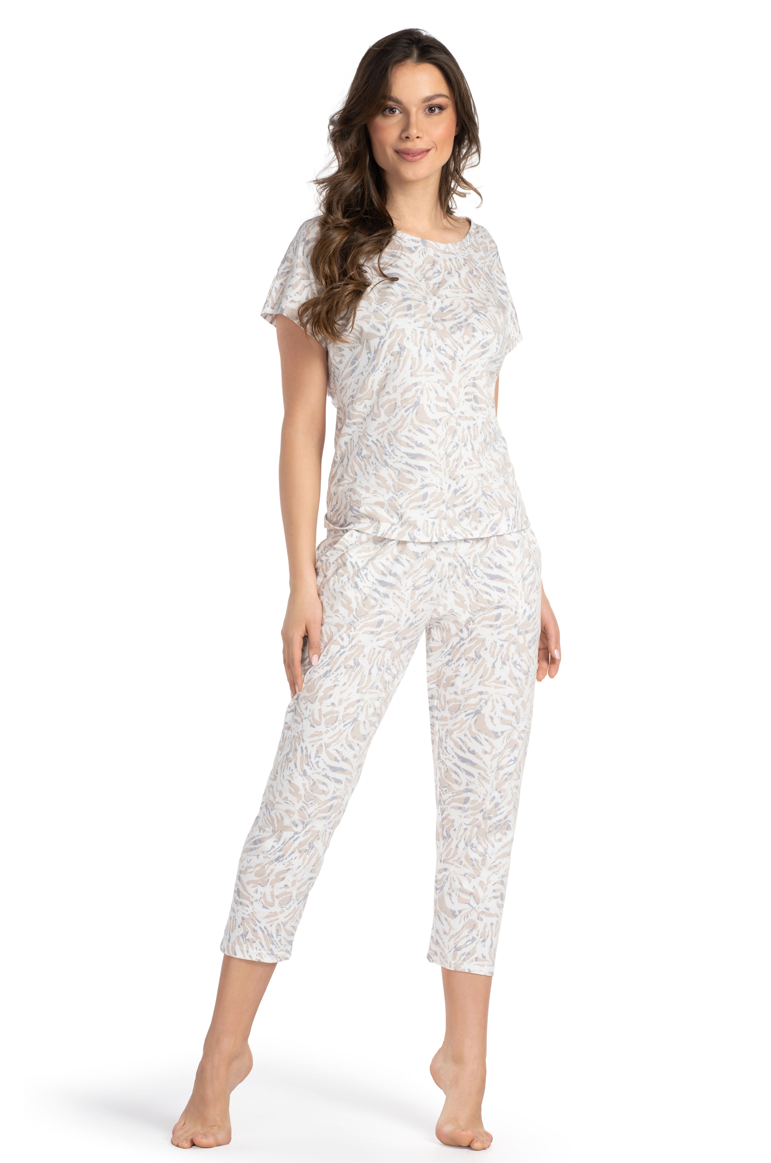 Damen Capri Pyjama | 100 % Baumwolle mit Naturmuster