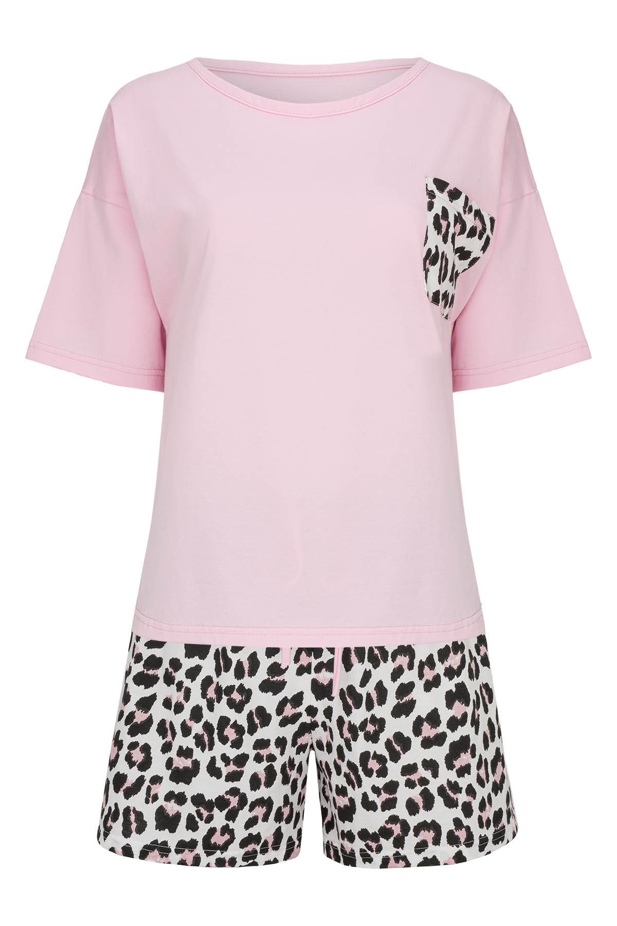 Damen Shorty Schlafanzug aus Baumwolle – Rosa T-Shirt & Shorts mit Animal-Print