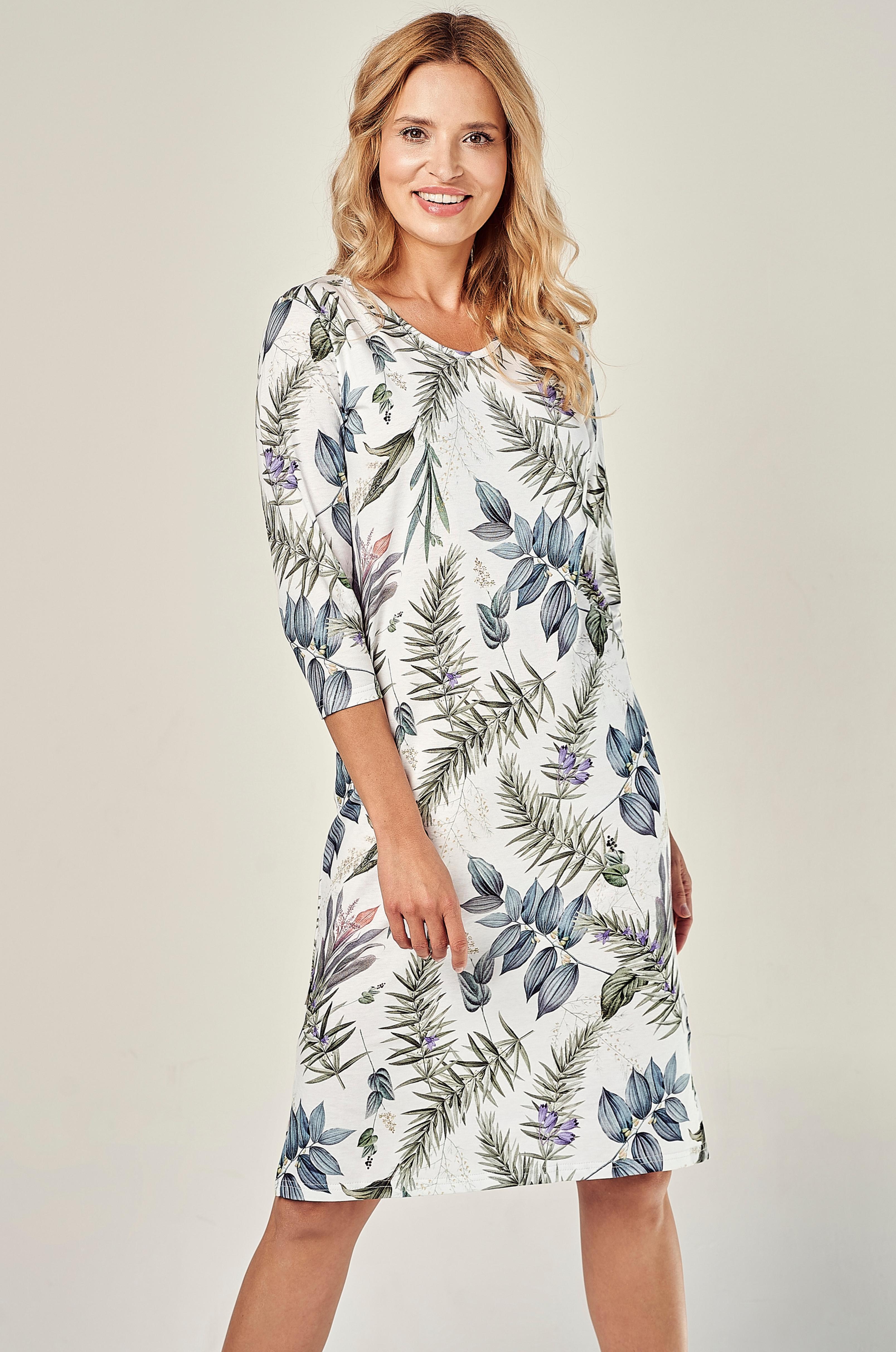 Florales Nachthemd für Damen mit ¾ Ärmeln in weiß | Nachtwäsche aus 100% Baumwolle