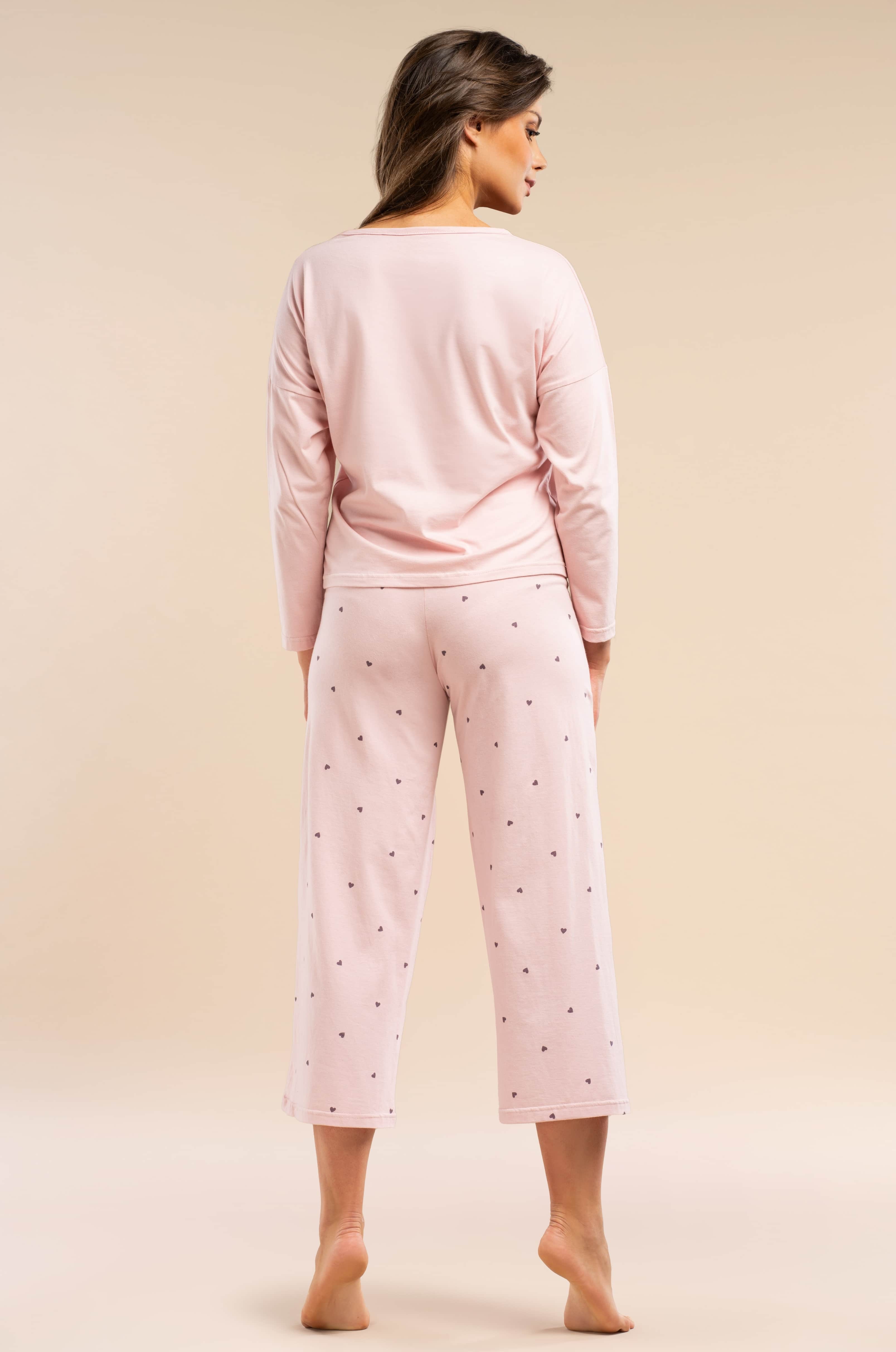 Damen Pyjama mit Langarmshirt & 7/8-Hose | Herzchenmuster in Dunkelgrau auf Rosa, 100 % Baumwolle