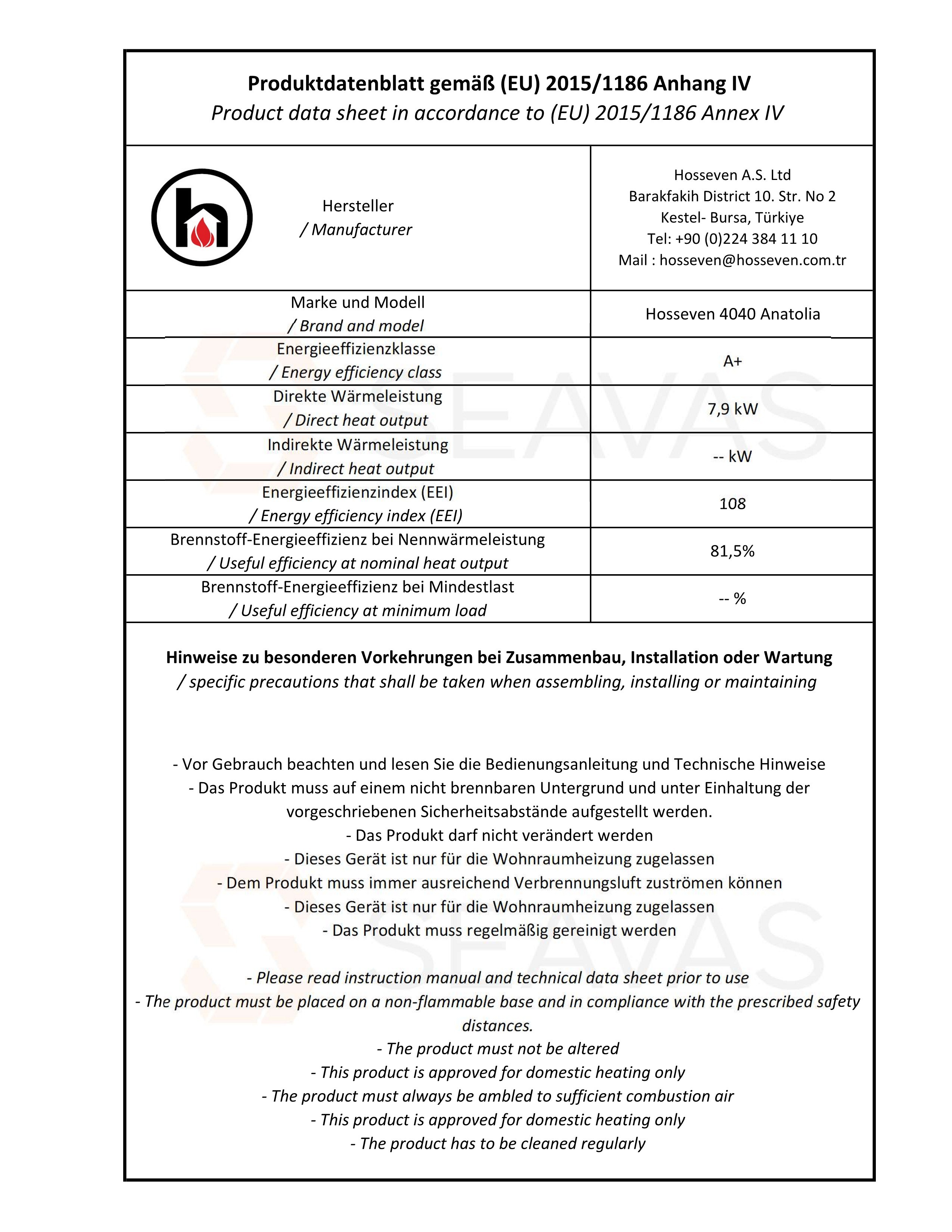 4040 Anatolia Küchenofen mit Thermostat und , 7,9 kW, EEK A+,