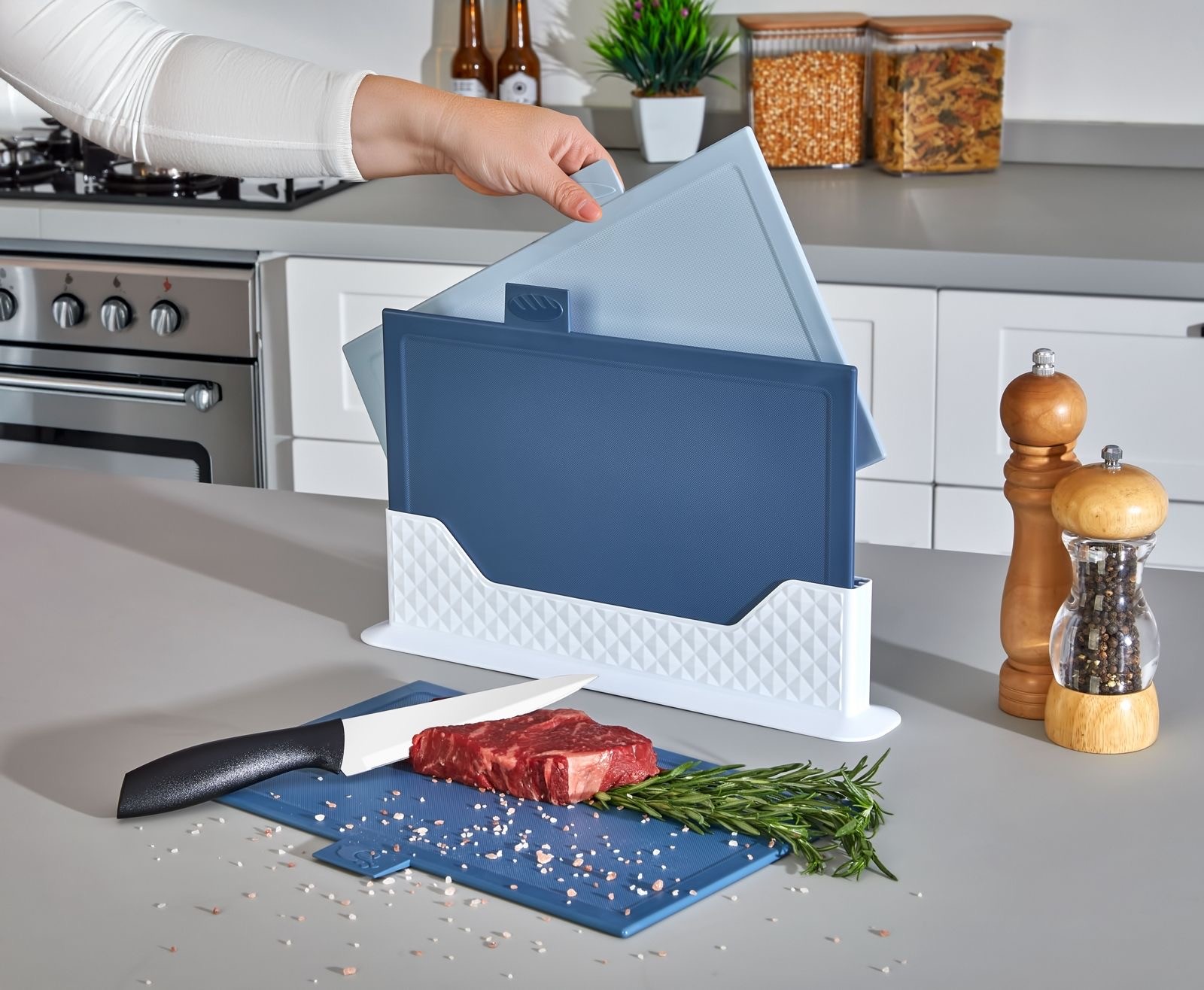 CAZORIA Flat Cutting Board Set with Stand (4 Pcs) - Blue