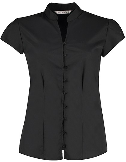 Tailored Fit Mandarin Collar Poplin Blouse Cap Sleeve