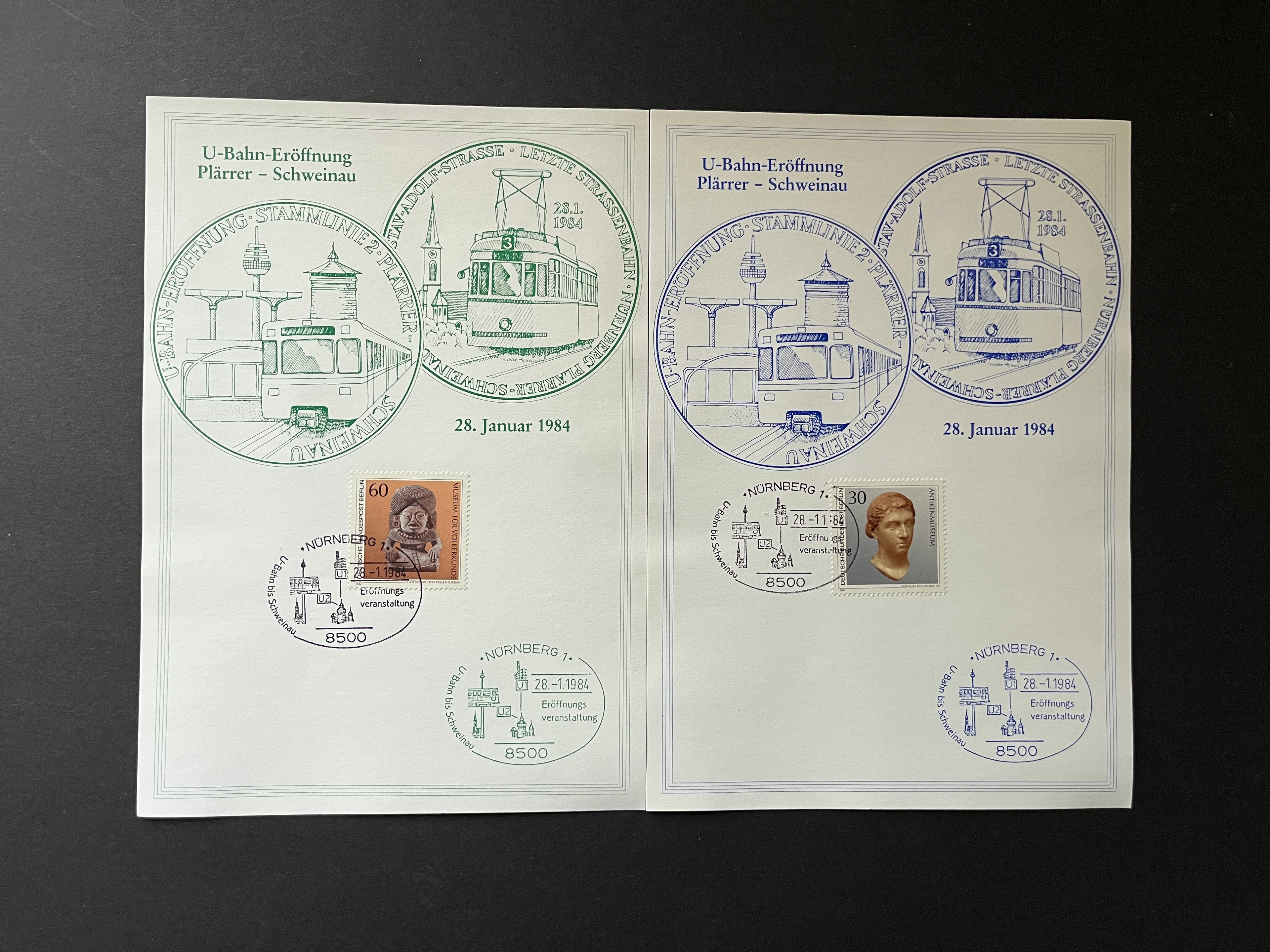Schmuckblätter Sonderkarten zur U-Bahn Eröffnung Nürnberg 1984 - gestempelt
