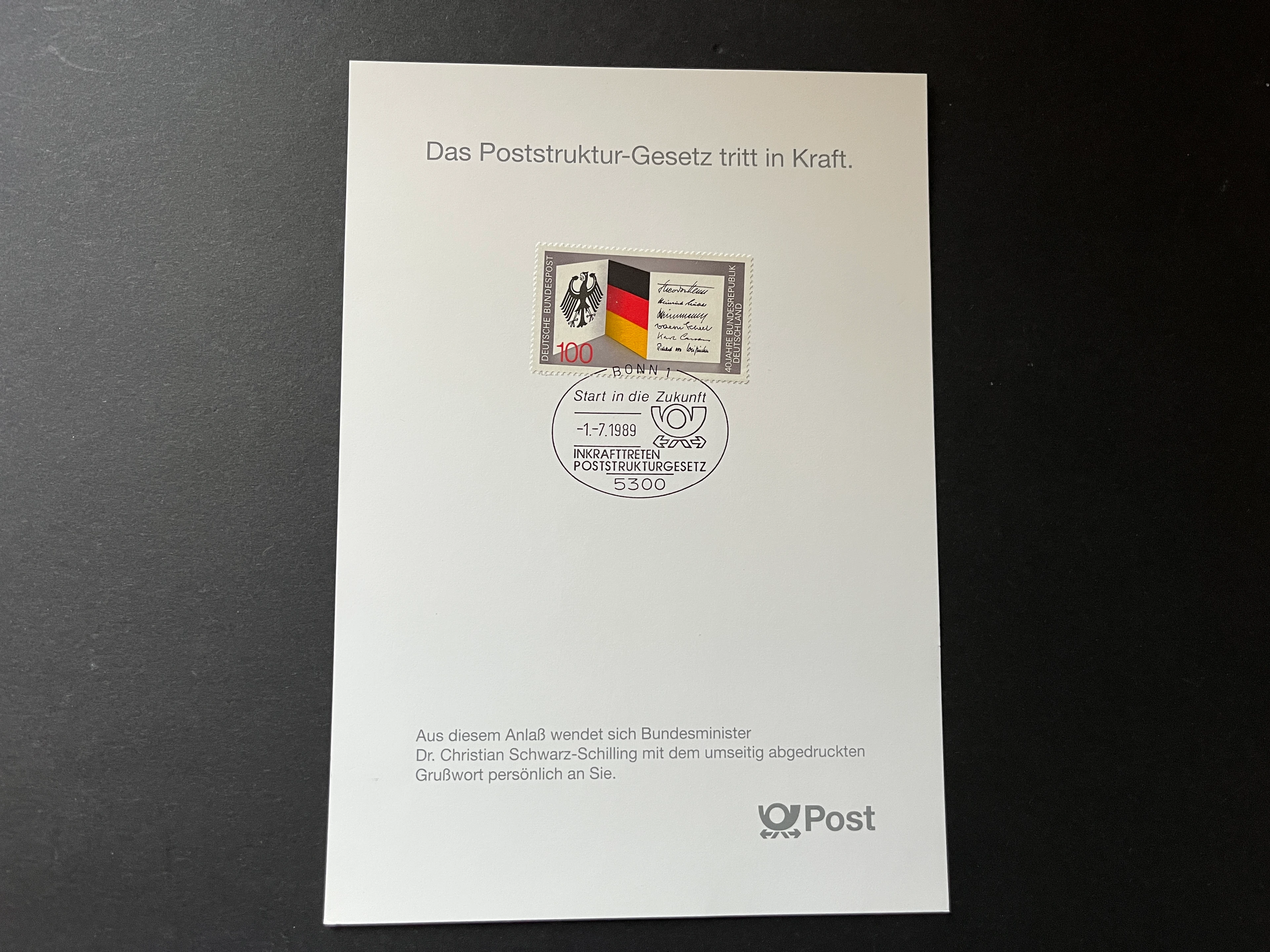 Schmuckblatt / Sonderkarte Poststruktur-Gesetz 1989 - Sondergestempelt