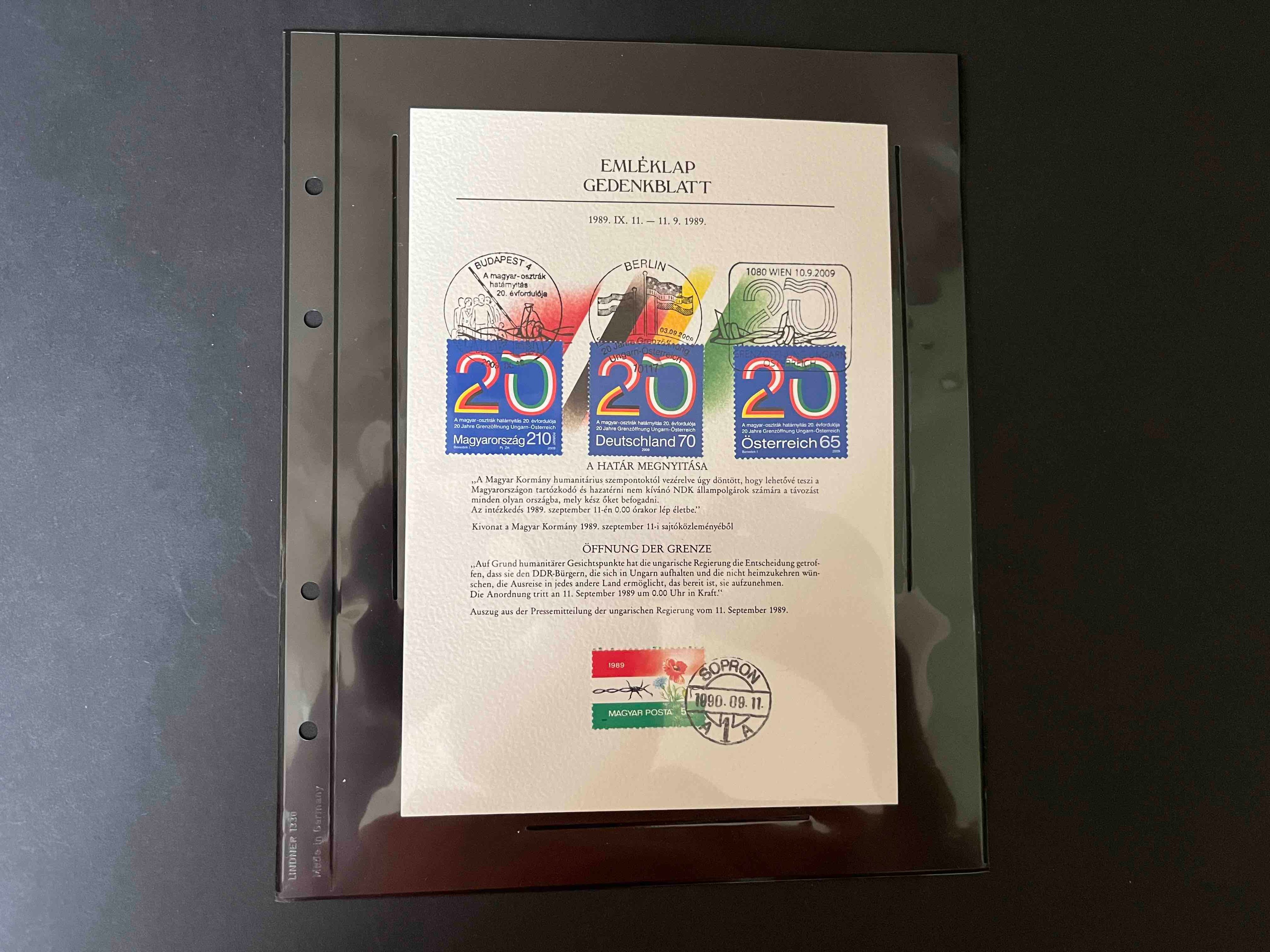 Gedenkblatt "20 Jahre Grenzöffnung Ungarn-Österreich" 2009