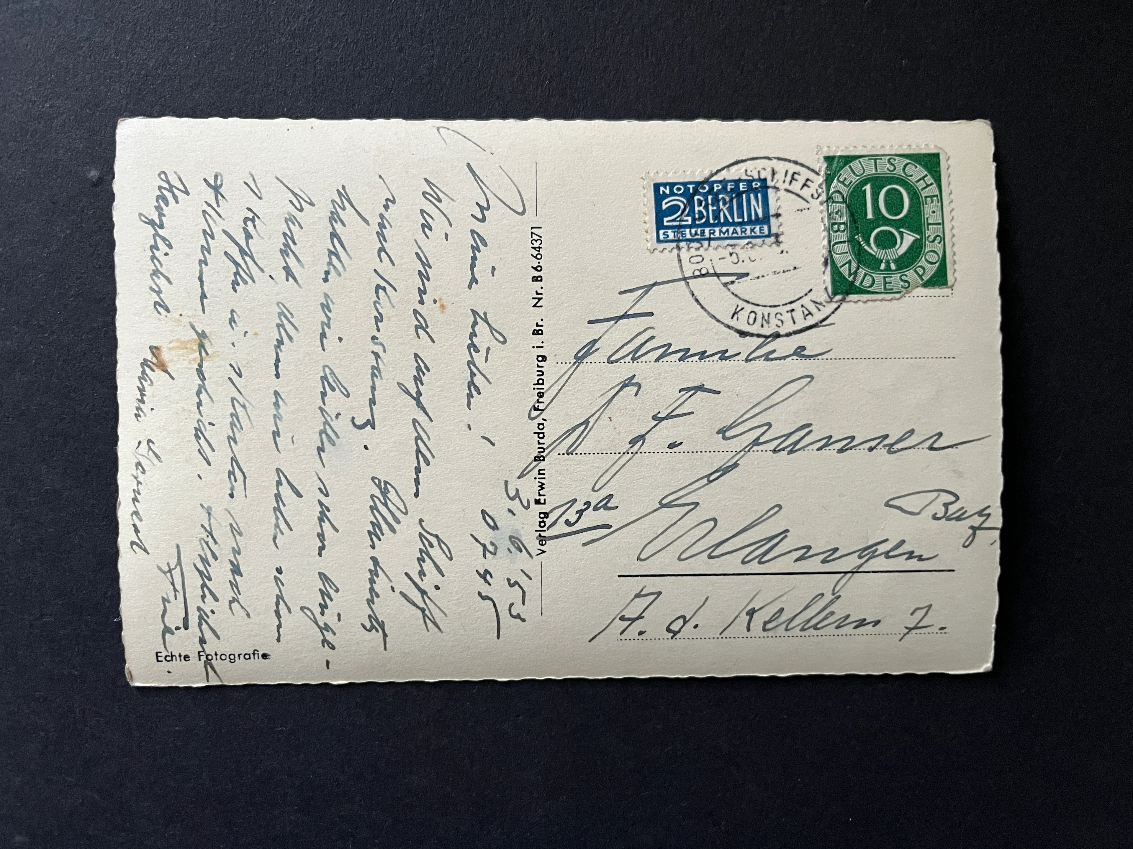 Postkarte BUND "Überlingen" mit MICHEL#128 und Zuschlag Berlin gestempelt und echt gelaufen