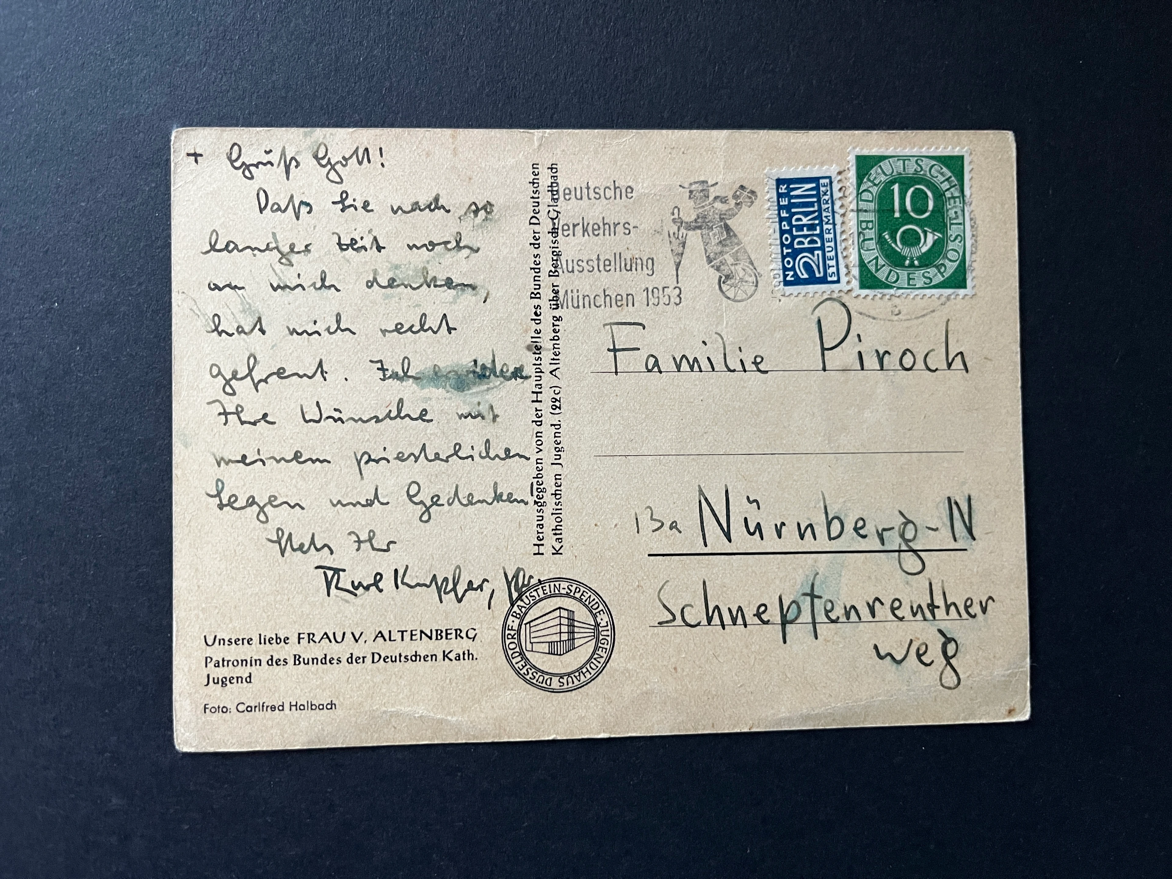 Postkarte BUND "Madonna" mit MICHEL#128 und Zuschlag Berlin gestempelt und echt gelaufen