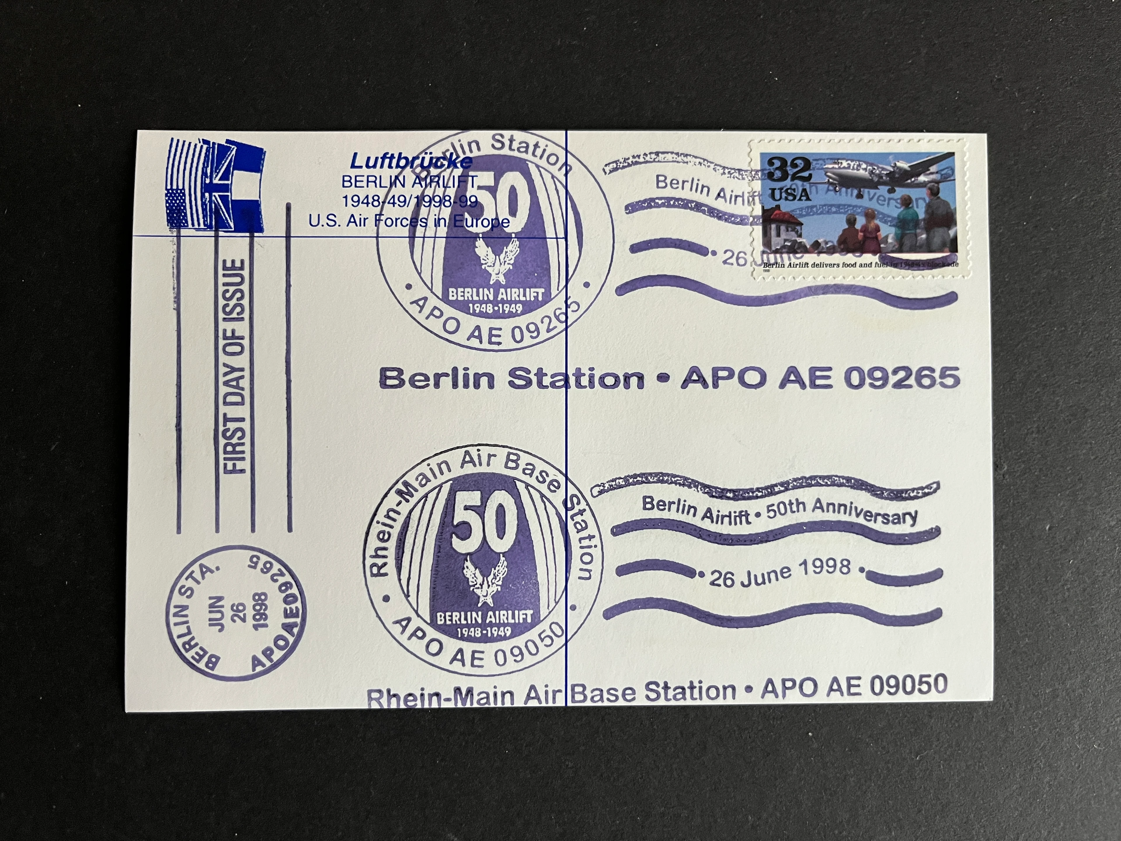 Postkarte USA "Berlin Station APO Luftbrücke 1998" First Day