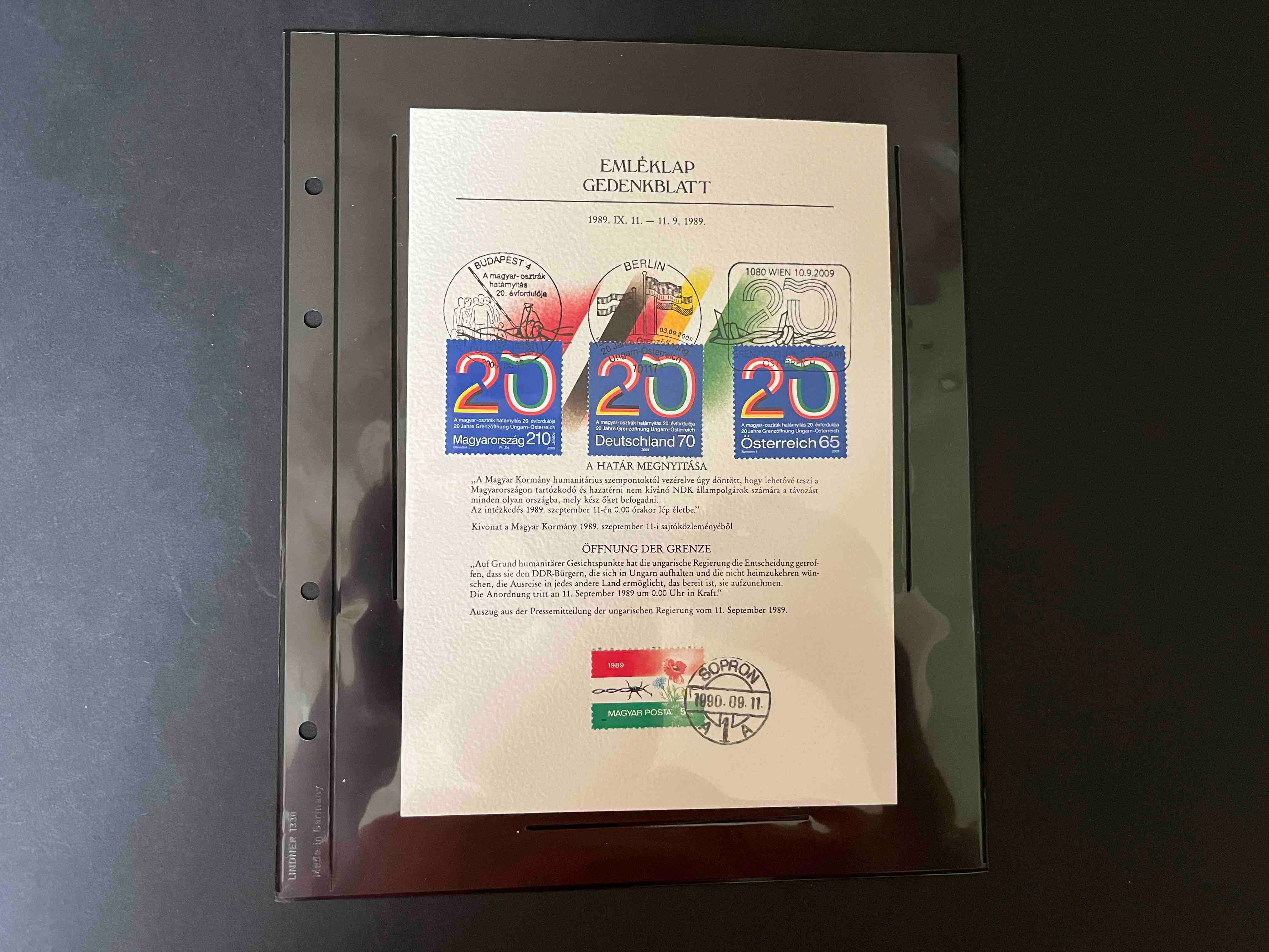 Gedenkblatt Magyar Posta Öffnung der Grenze 11.09.1989 mit Sonderstempel
