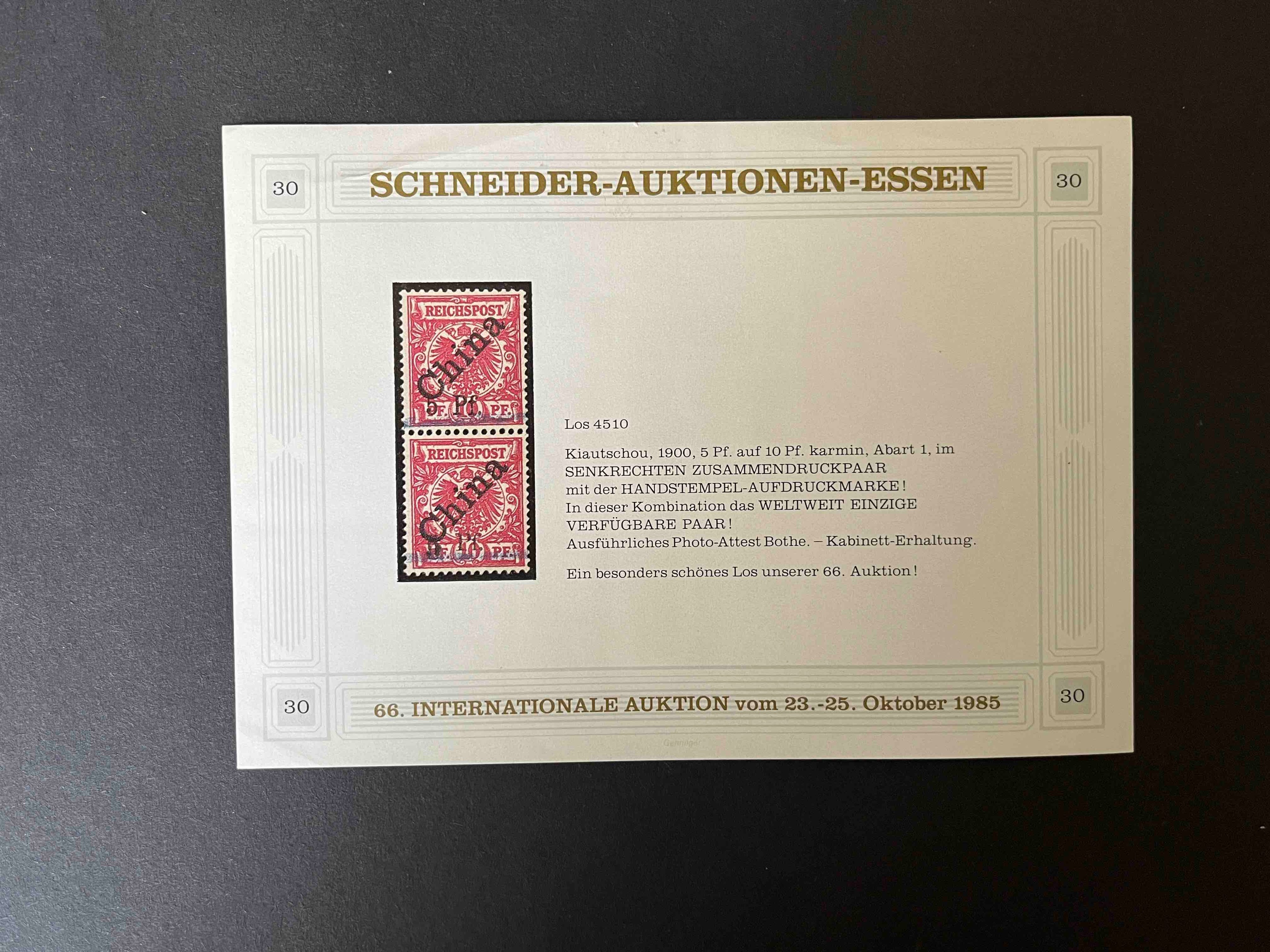 Schneider Auktionen Essen 66. Intern. Auktion 1985 - Privaterzeugnis