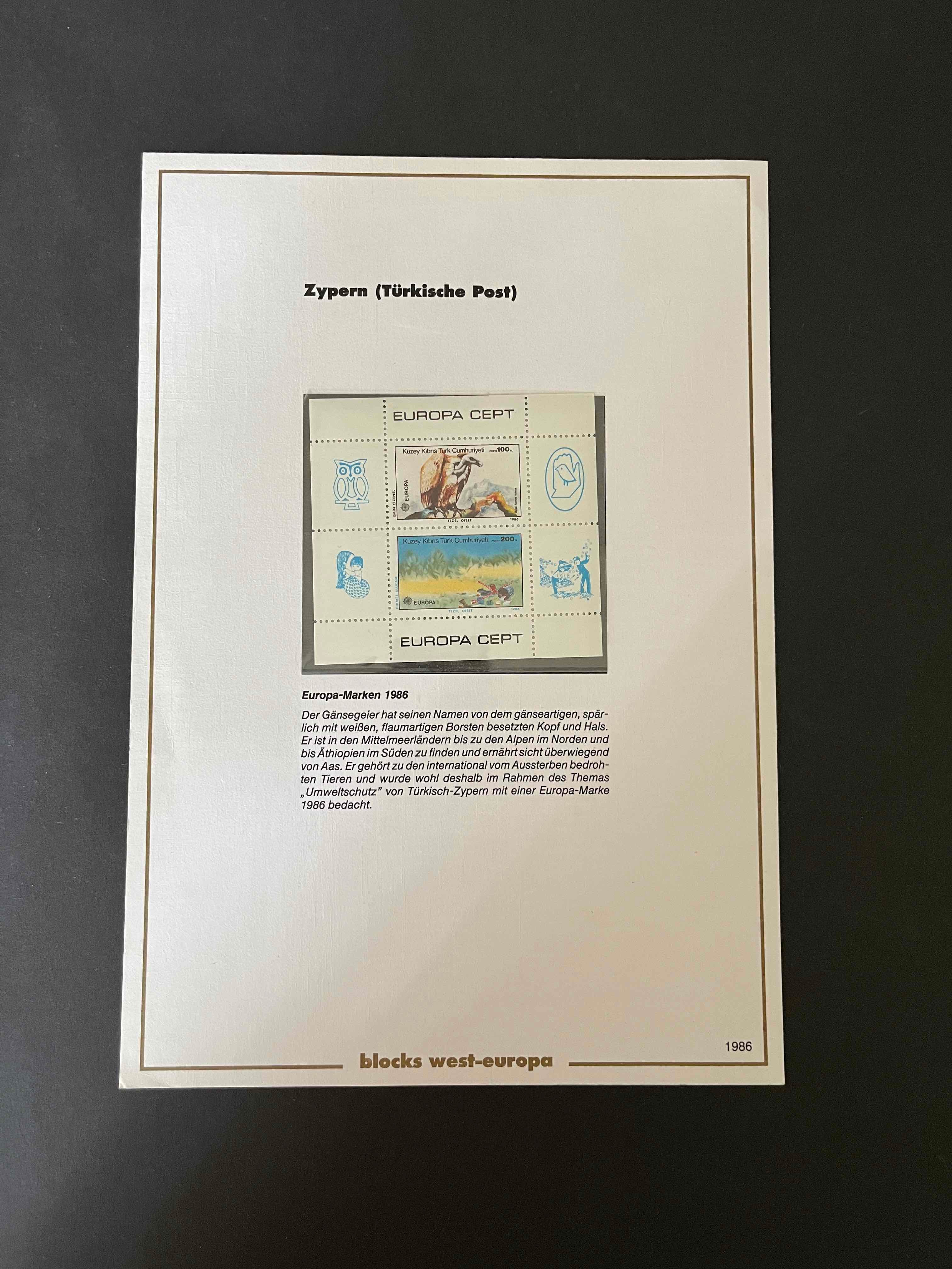 Gedenkblatt mit Block EUROPA CEPT "Zypern (Türkische Post)" 1986