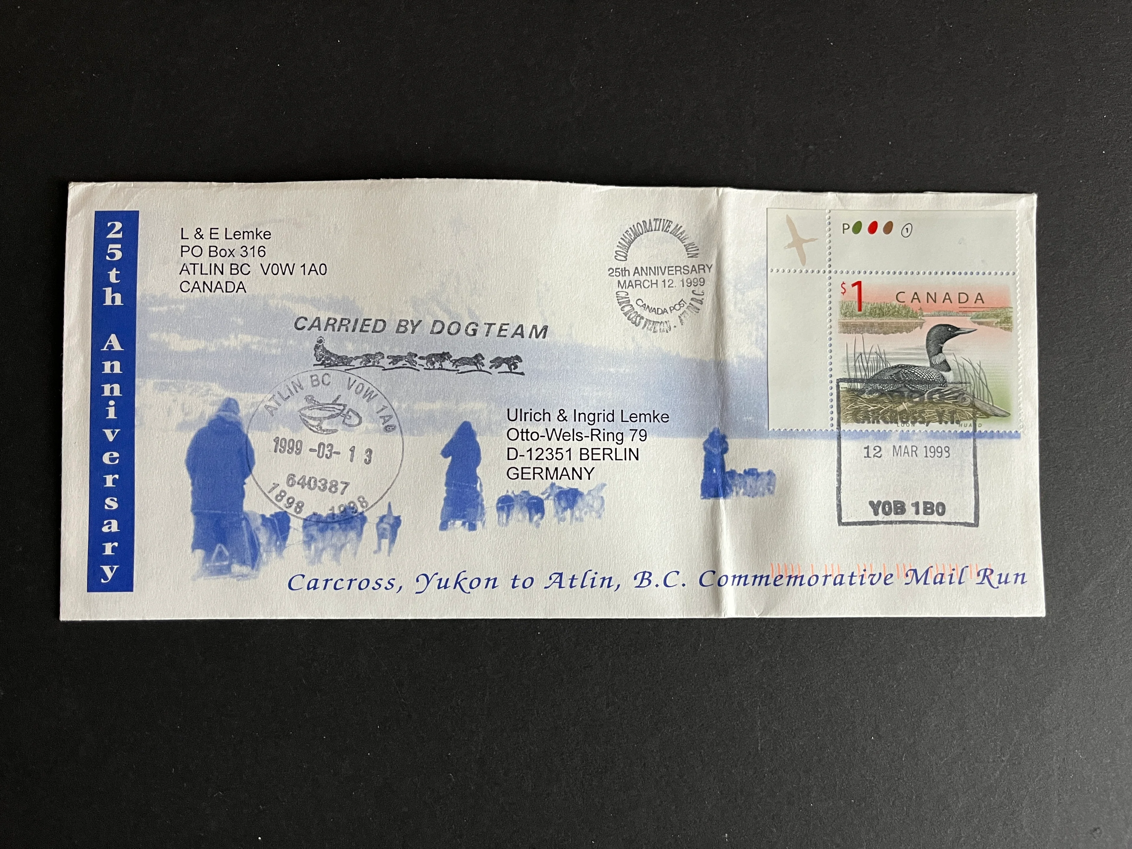 Brief Canada Carried by Dogteam 12.3.1999 gestempelt