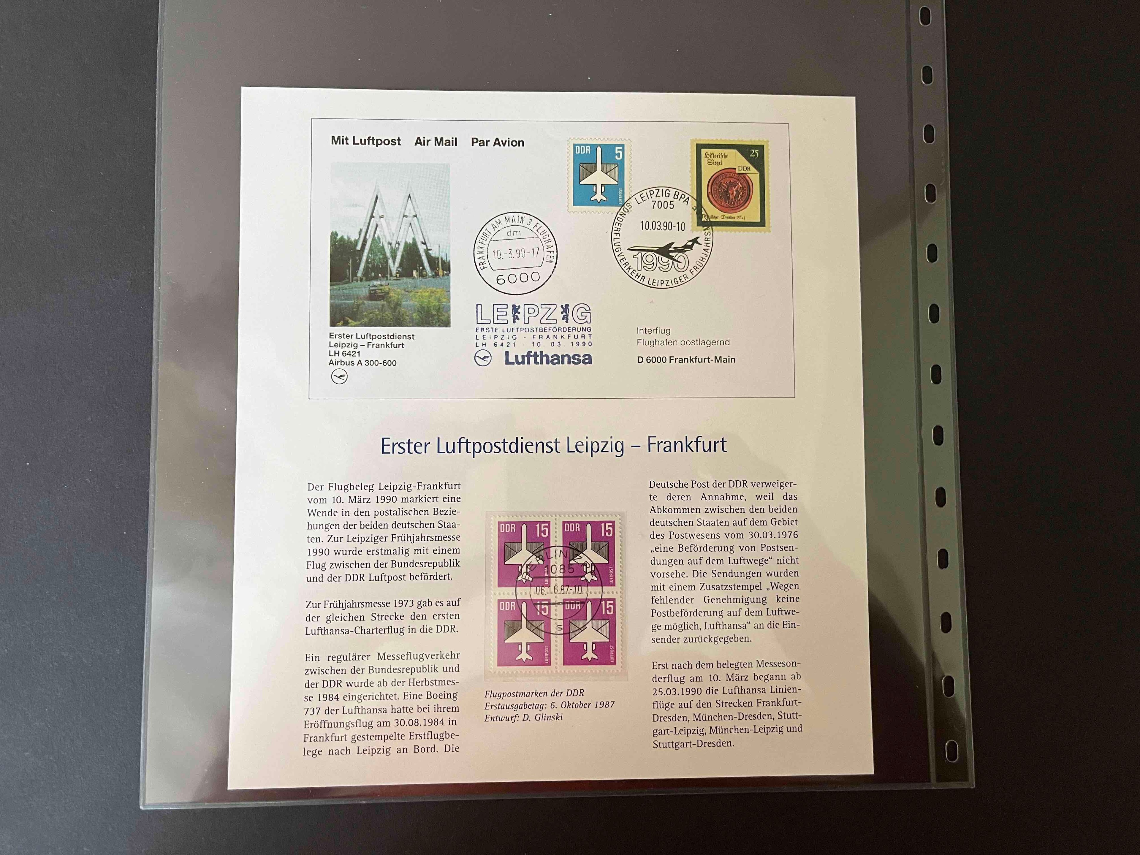 Deutsche Demokratische Republik Gedenkblatt "Erster Luftpostdienst Leipzig-Frankfurt" 1990
