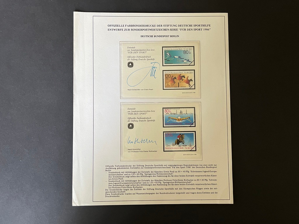 Entwürfe zur Sonderpostwertzeichen-Serie "Für den Sport" der Stiftung Deutsche Sporthilfe - Privaterzeugnis Bundesdruckerei 1986  2 Blöcke  Zustand: postfrisch, Sammlerstücke in sehr gutem Zustand, siehe Fotos auf Zertifikat