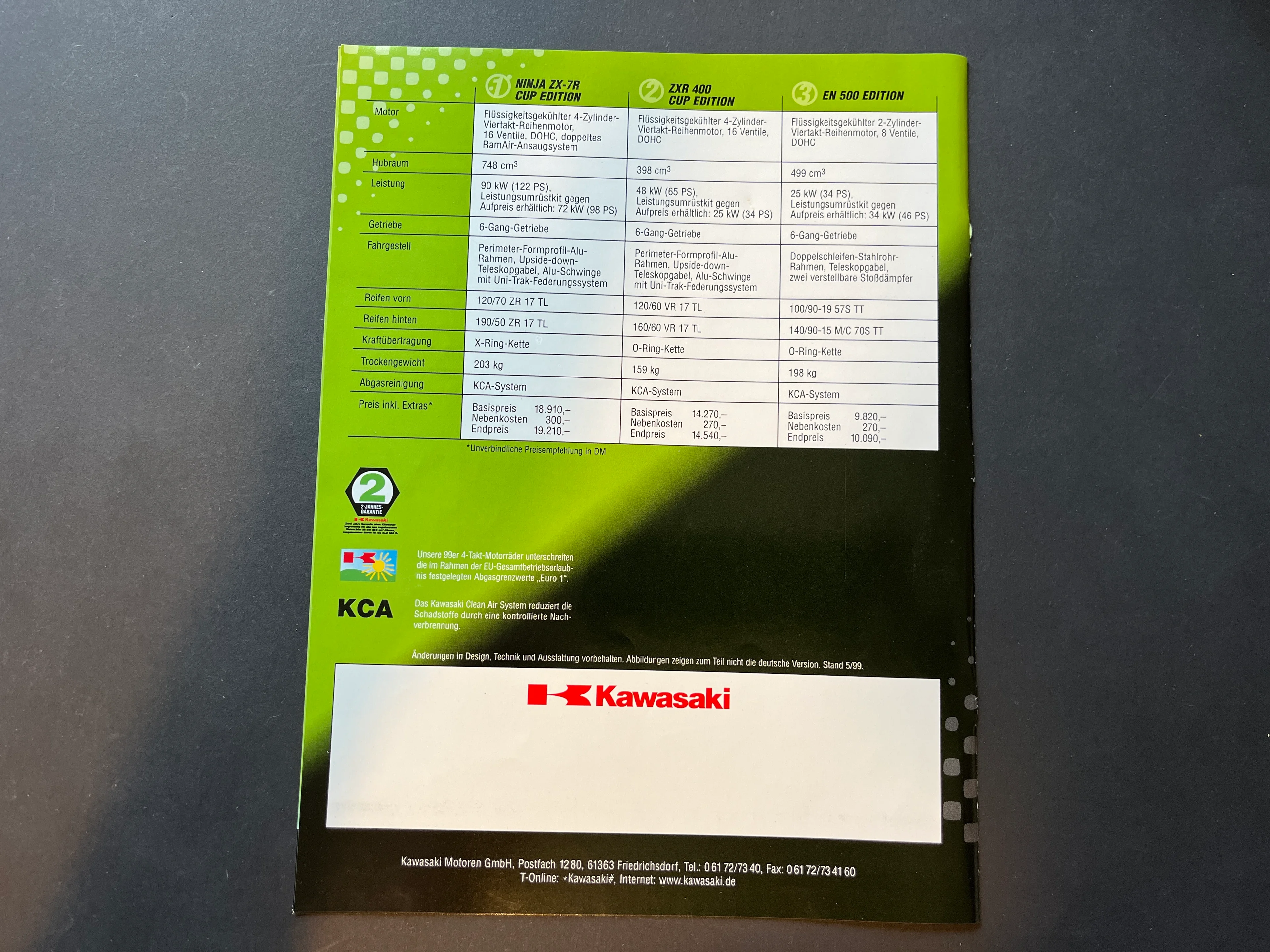 Werbeanzeigen aus MOTORRAD Zeitschriften KAWASAKI "3 Wünsche gehen in Erfüllung"Modelljahrgang 1999