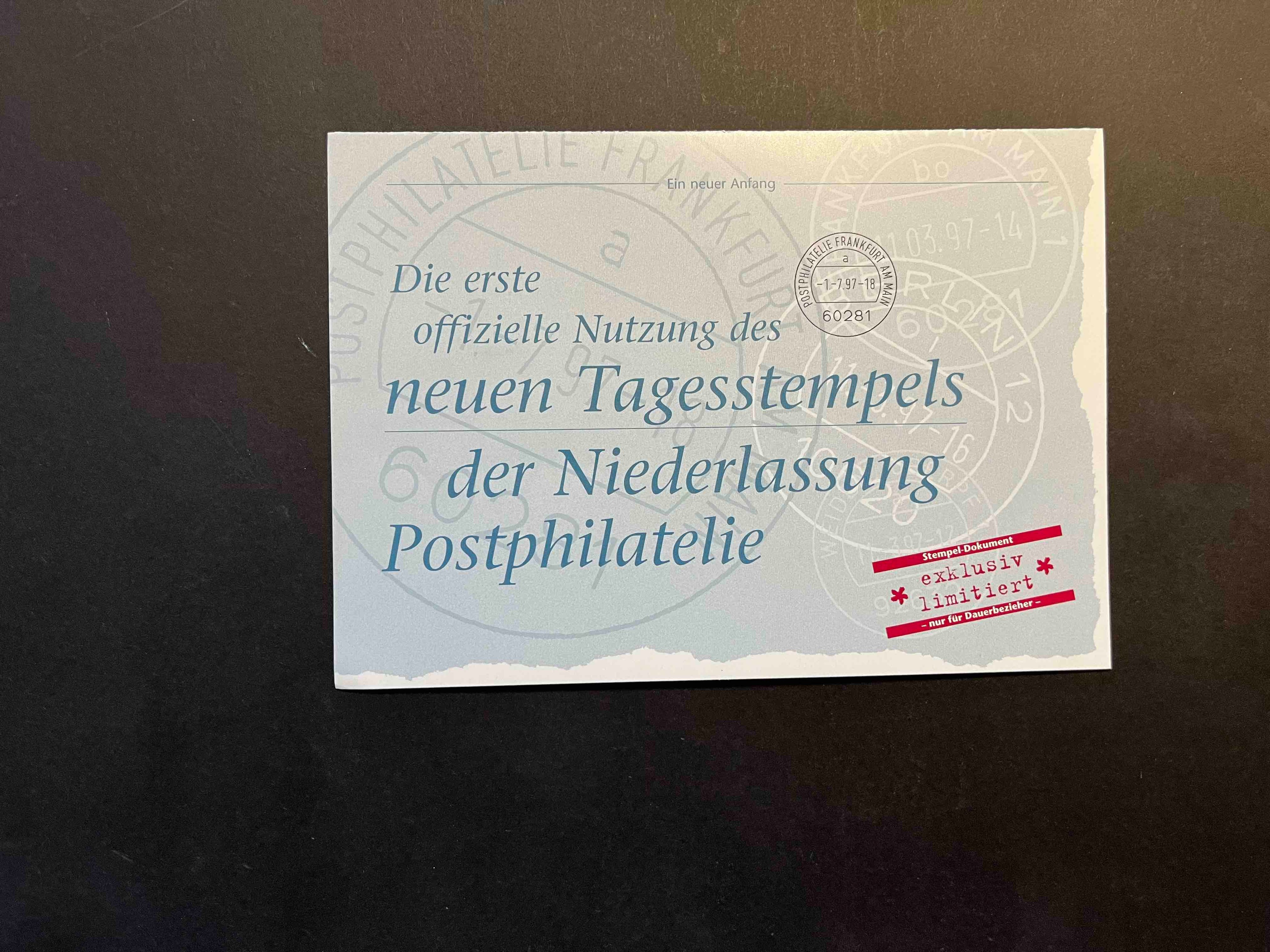 Jahreskarte des Sammler-Service "Die erste offizielle Nutzung des neuen Tagesstempels der Niederlassung Postphilatelie"