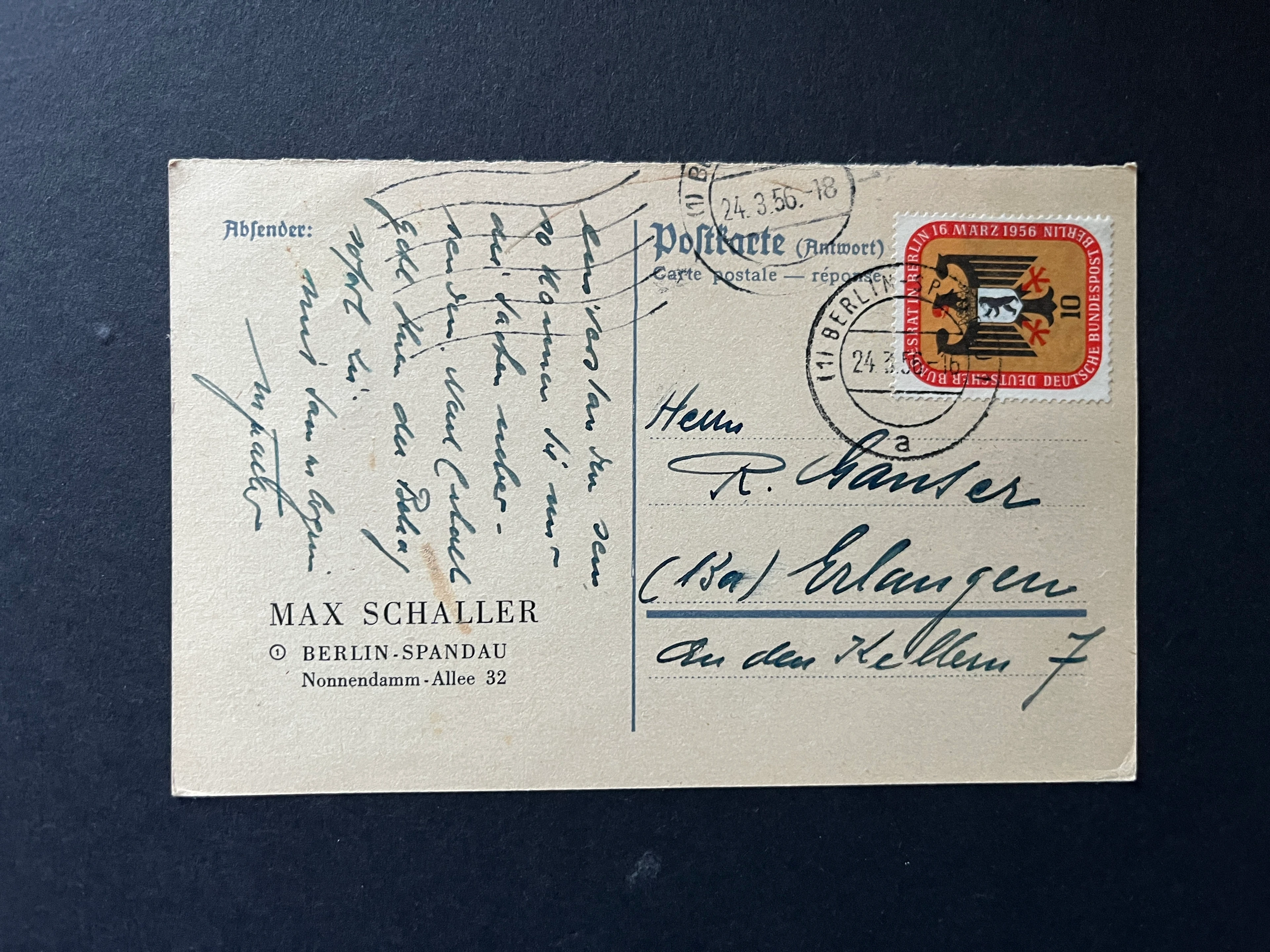 Postkarte Bundespost Berlin mit Michel #123 gestempelt 24.03.1956 echt gelaufen