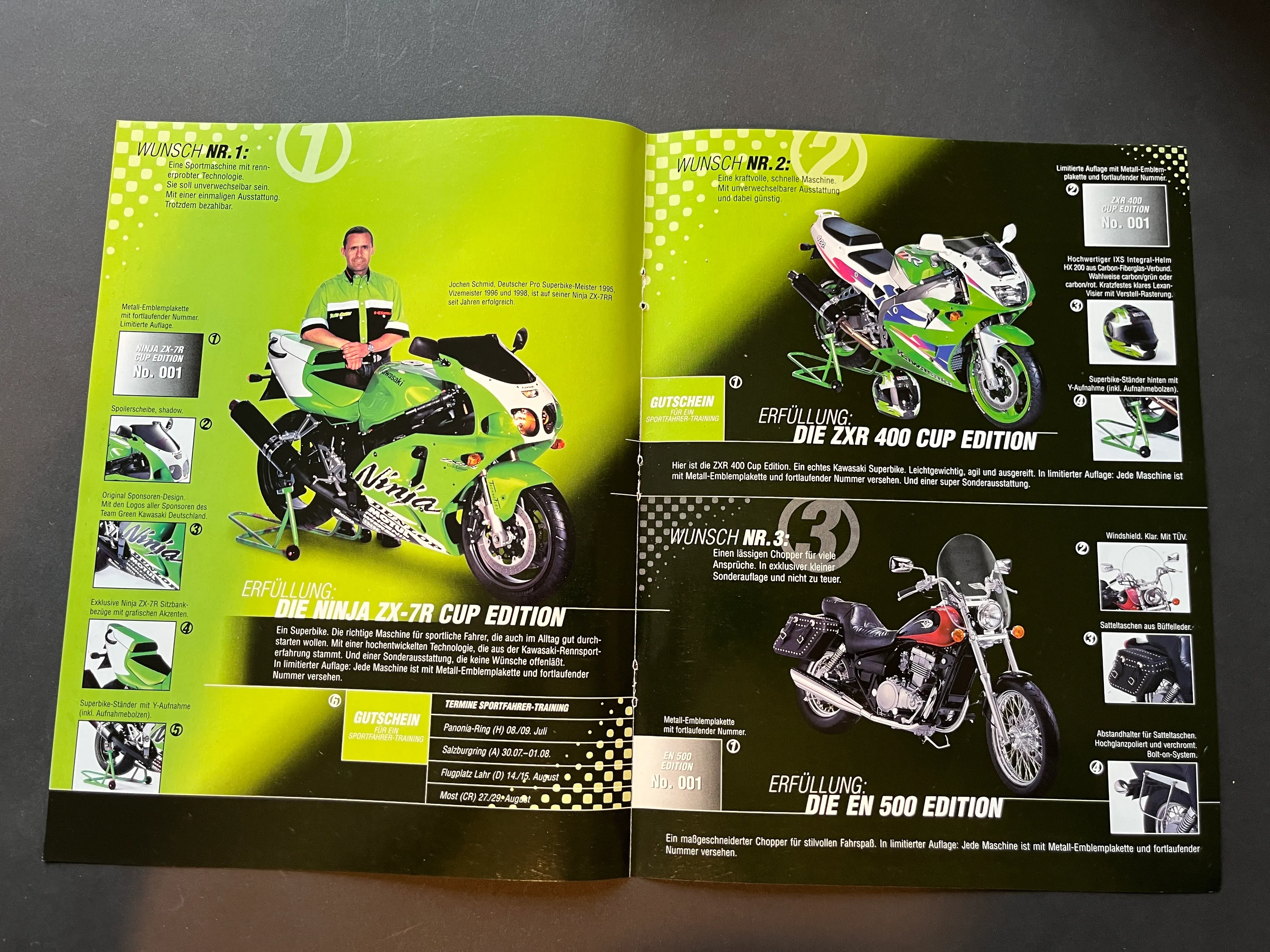 Werbeanzeigen aus MOTORRAD Zeitschriften KAWASAKI "3 Wünsche gehen in Erfüllung"Modelljahrgang 1999