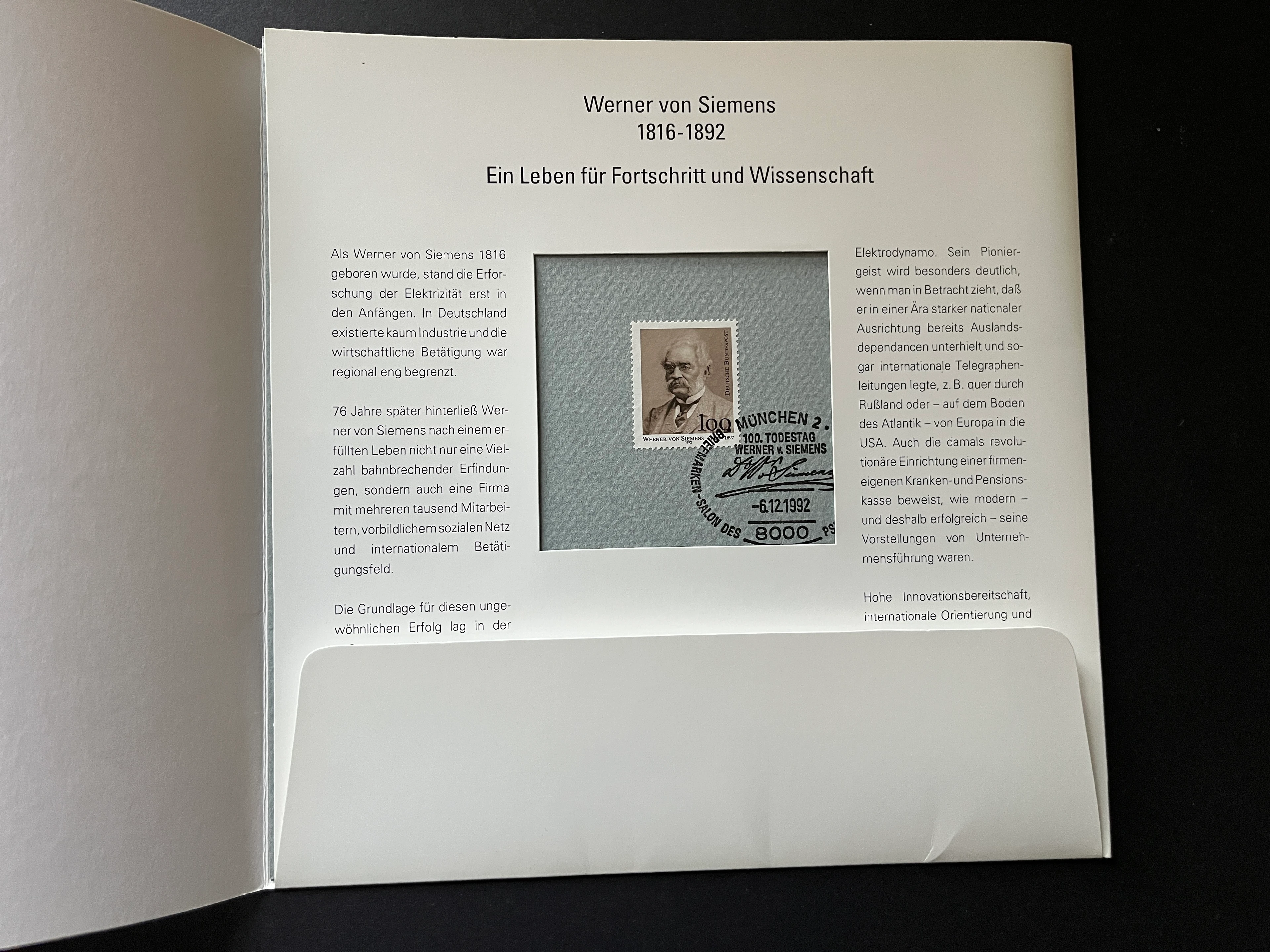 Schmuckblatt / Sonderkarte im Falter Werner von Siemens 1992 - gestempelt