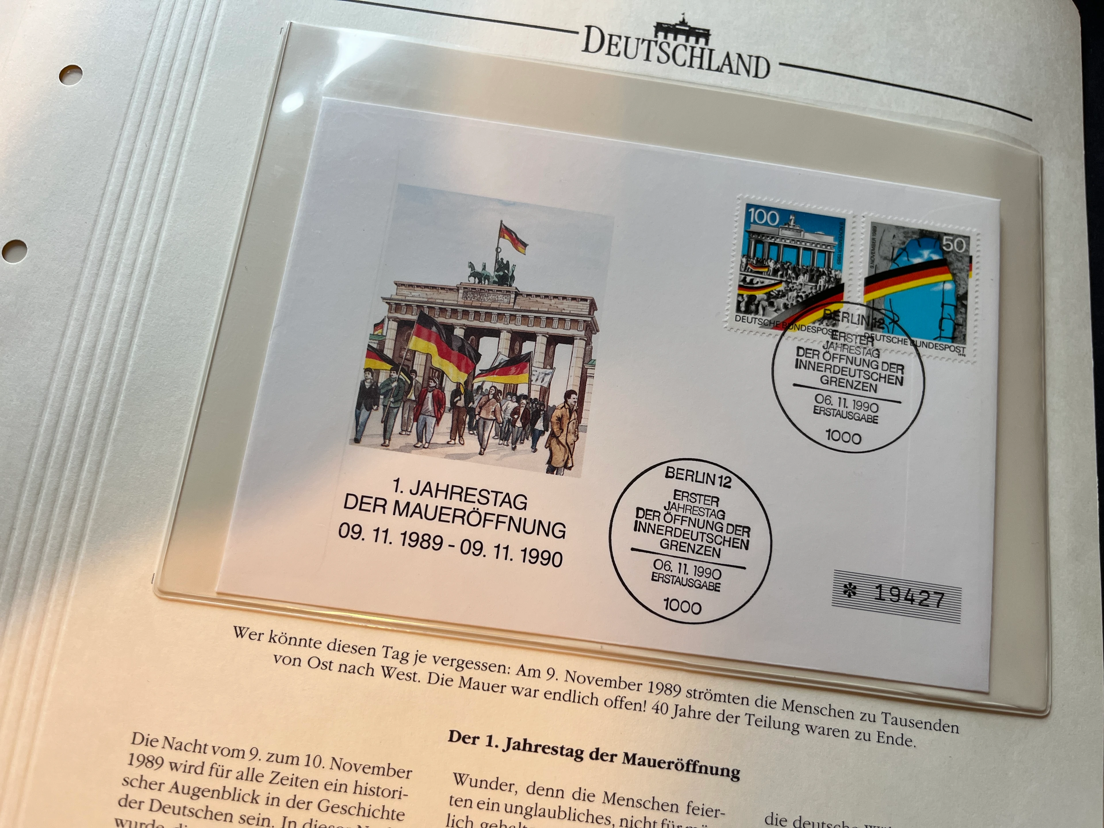 1x Ersttagsbrief auf Vordruckseite für Album  "1. Jahrestag der Maueröffnung 1990"