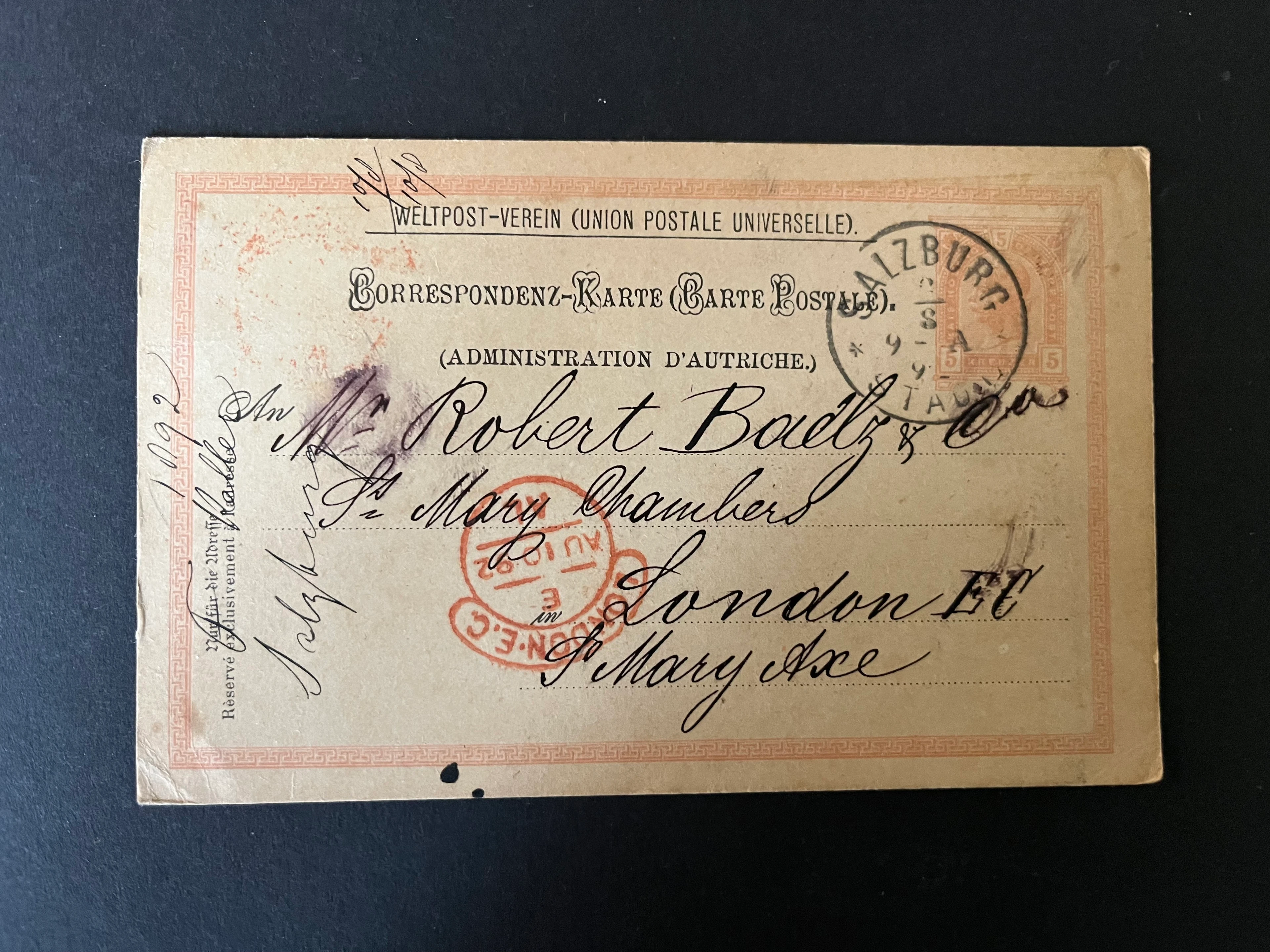 Postkarte Weltpostverein gestempelt Salzburg 1892 echt gelaufen