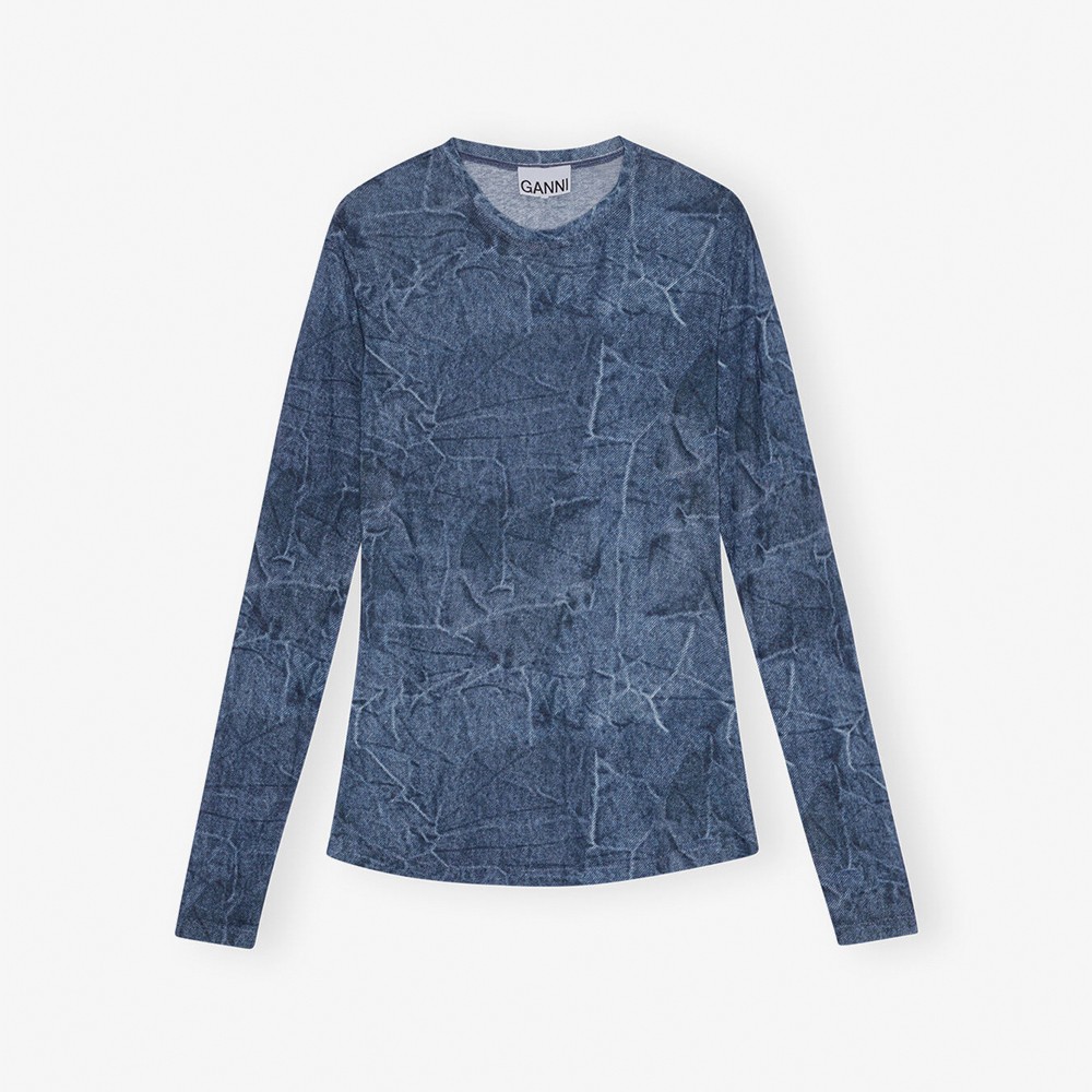 Printed Mesh Long Sleeve Blouse 'Blue'