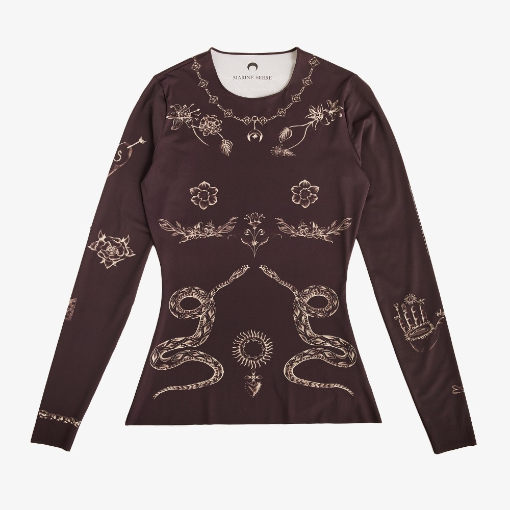 Tattoo Printed Jersey Skin Crewneck Top 'Brown'