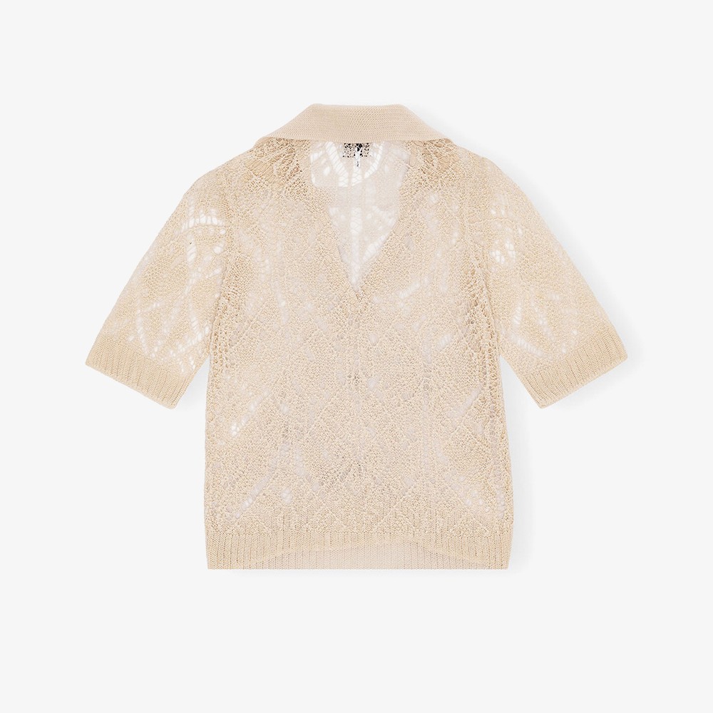 Egret Cotton Lace Polo Sweater