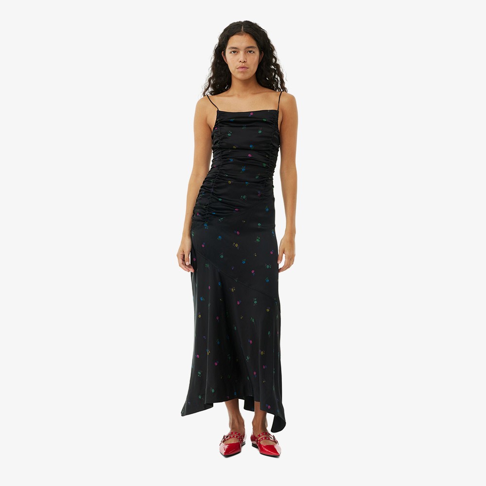 Printed Satin Ruched Long Slip Dress