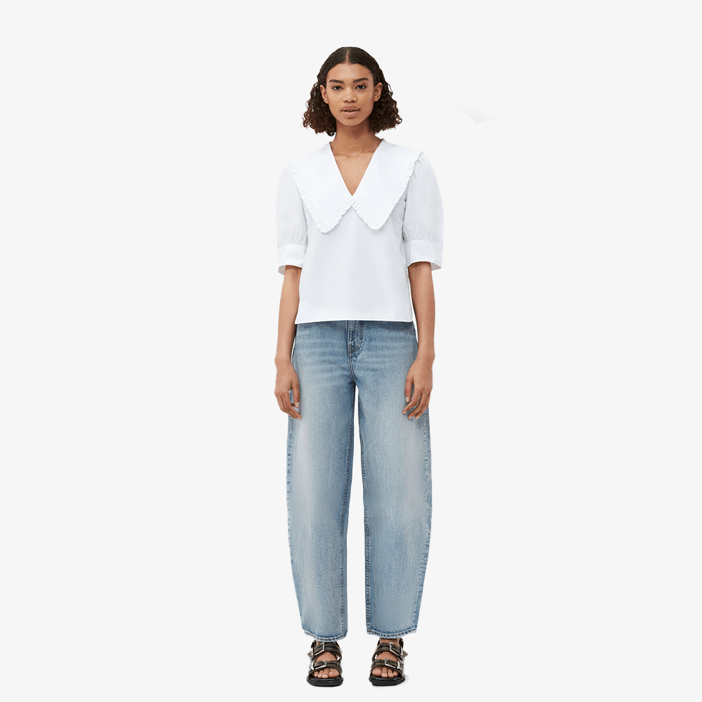 Cotton Poplin V-neck Ruffle Blouse