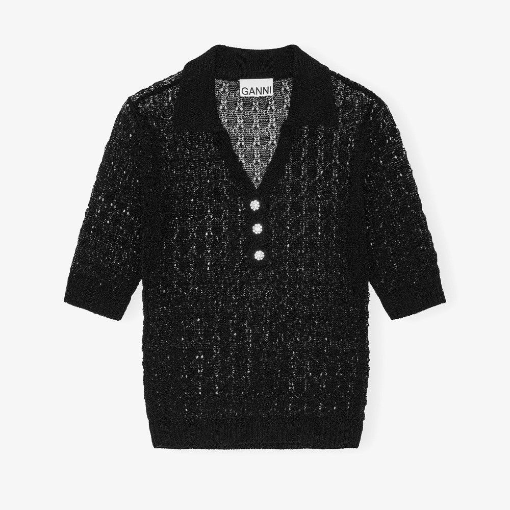 Shiny Pointelle Knit Short Sleeve Polo 'Black'