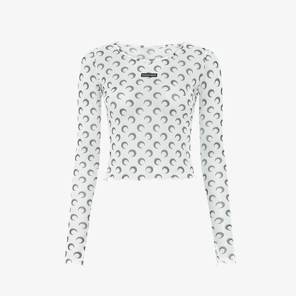 Moon Printed Mesh Second Skin Cropped Top 'White'