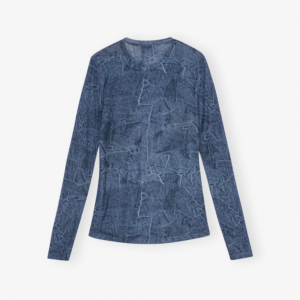 Printed Mesh Long Sleeve Blouse 'Blue'