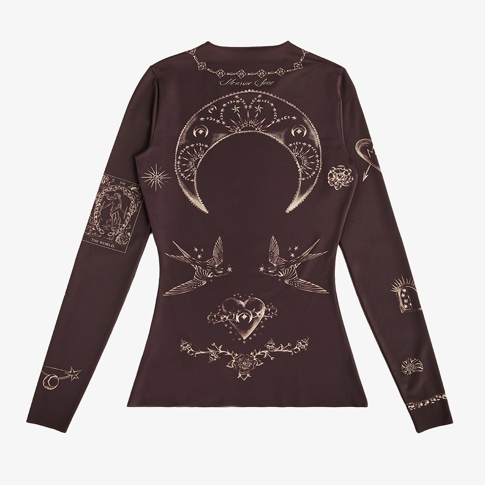 Tattoo Printed Jersey Skin Crewneck Top 'Brown'