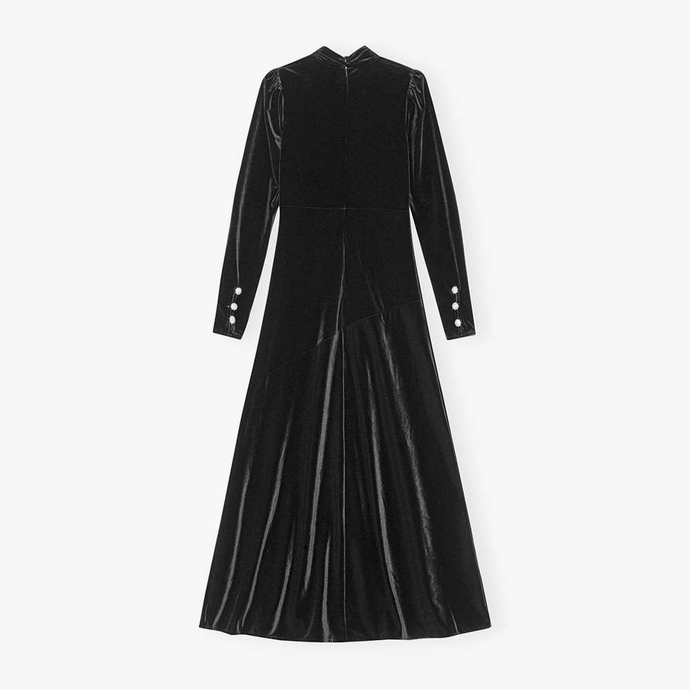 Velvet Jersey Gathered Long Dress 'Black'