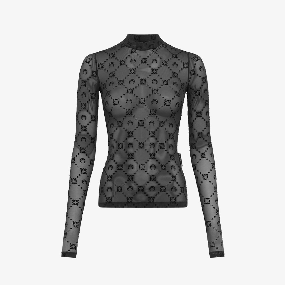 Moonogram Mesh Flock Second Skin Highneck Top 'Black'