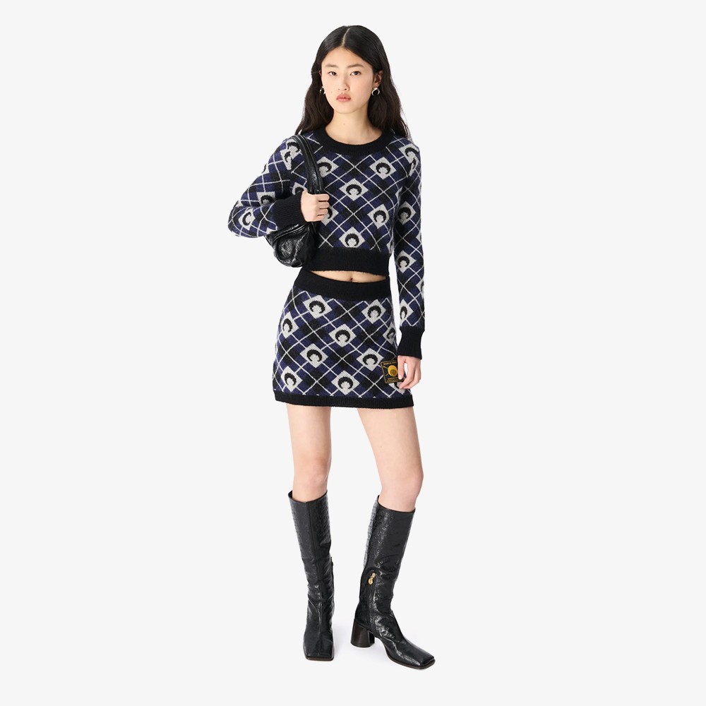 Moon Argyle Knit Cropped Sweater 'Black'