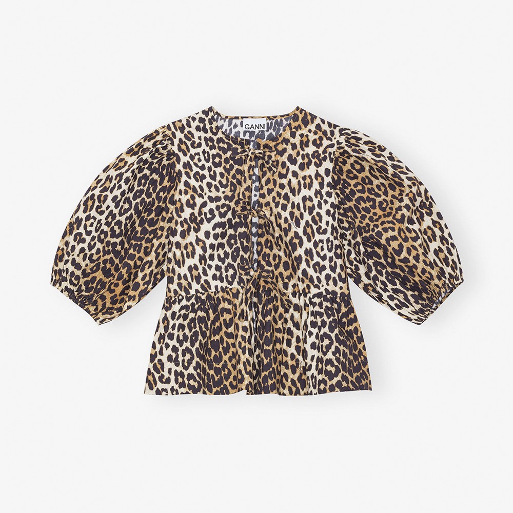 Printed Cotton Poplin Peplum Blouse 'Leopard'