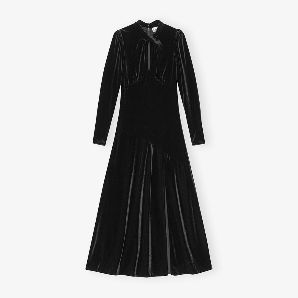 Velvet Jersey Gathered Long Dress 'Black'