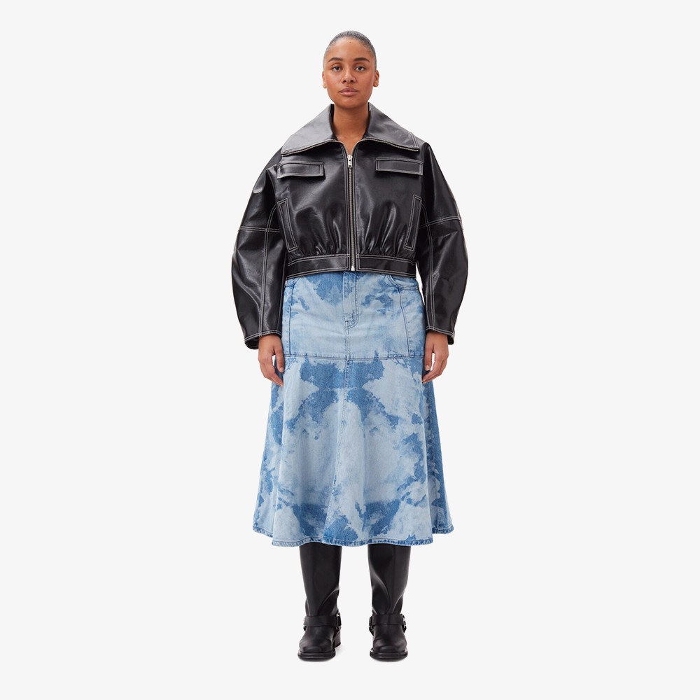 Bleach Denim Flounce Midi Skirt