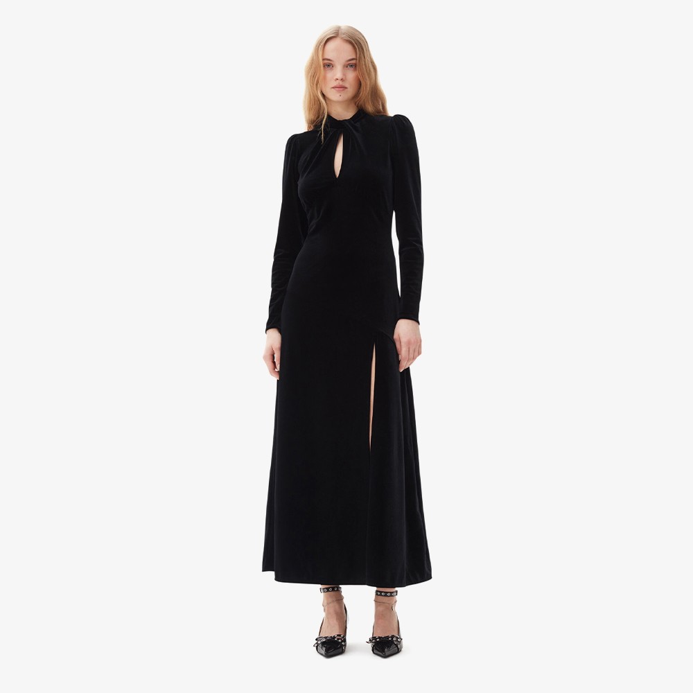 Velvet Jersey Gathered Long Dress 'Black'