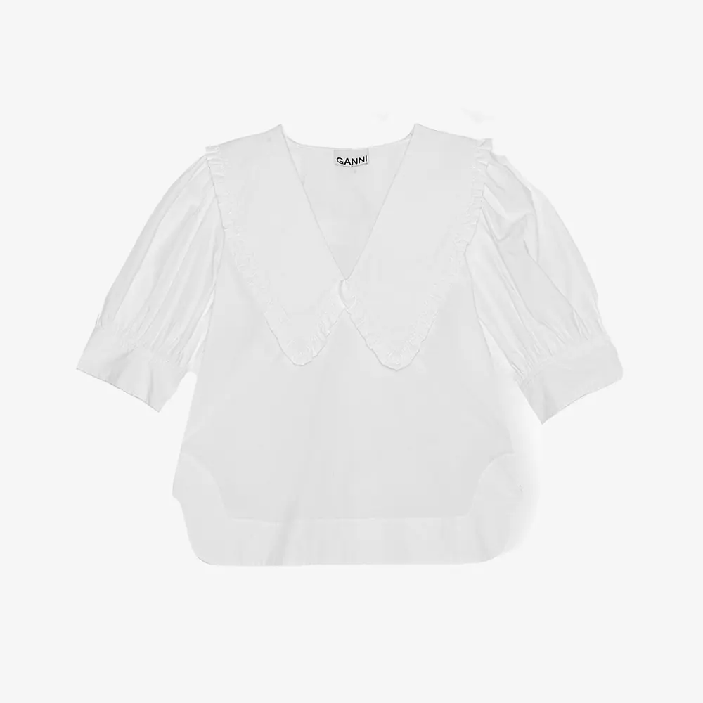 Ganni Cotton Poplin V-neck Ruffle Blouse - Listener